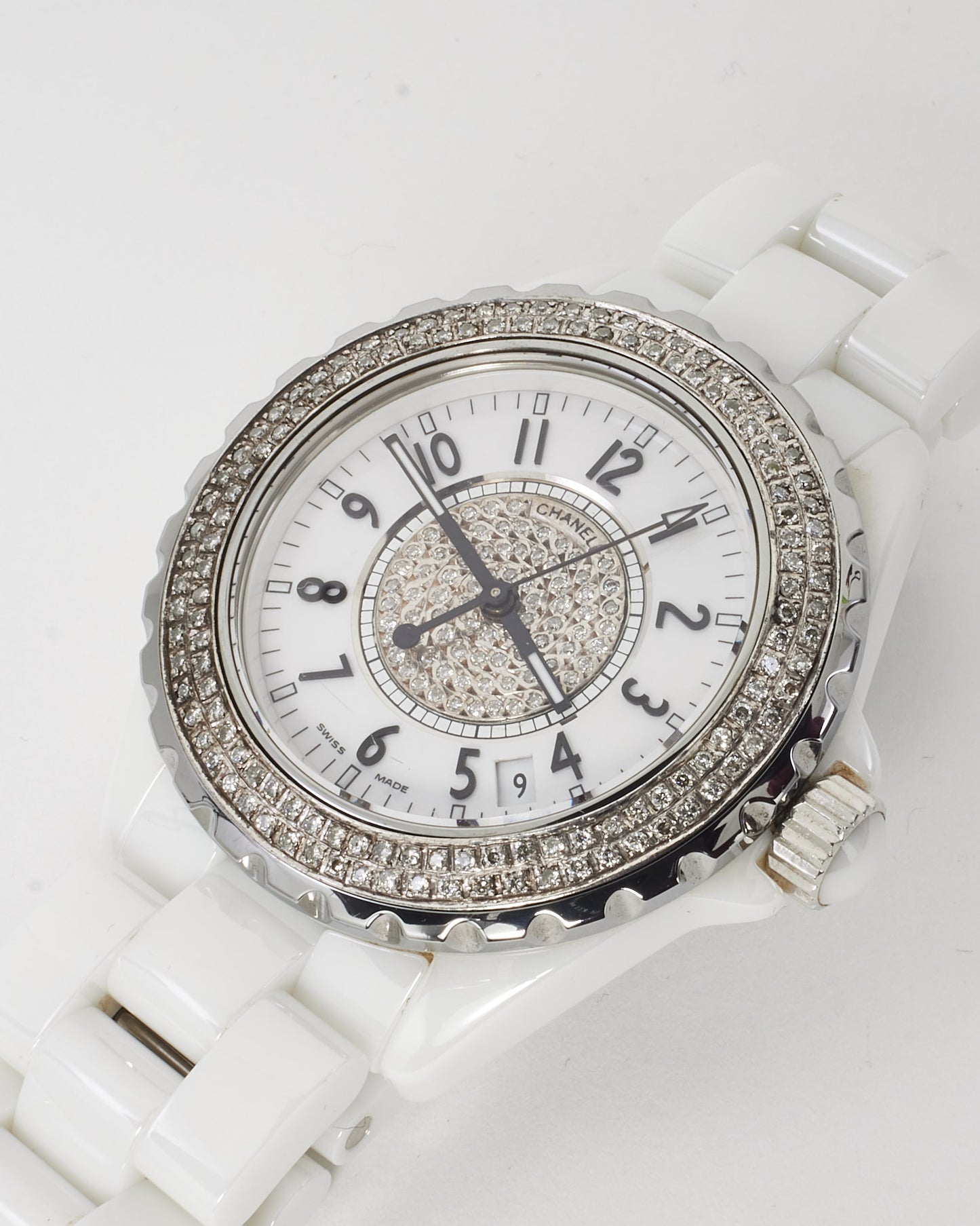 Chanel White Ceramic Diamond Bezel J12 Watch 38mm