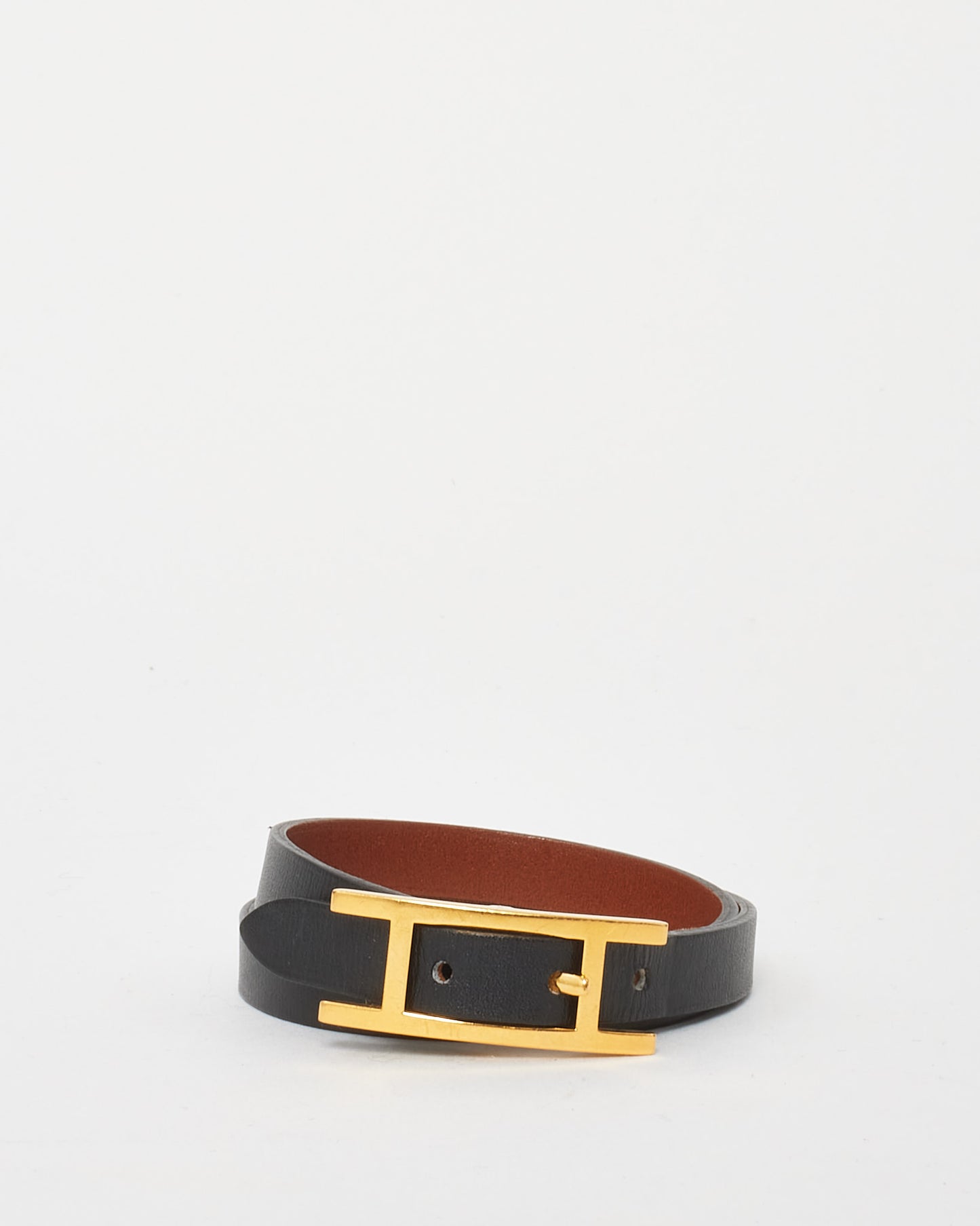 Hermès Black/Fauve Brown Leather GHW Behapi Double Tour Bracelet - T1/XS