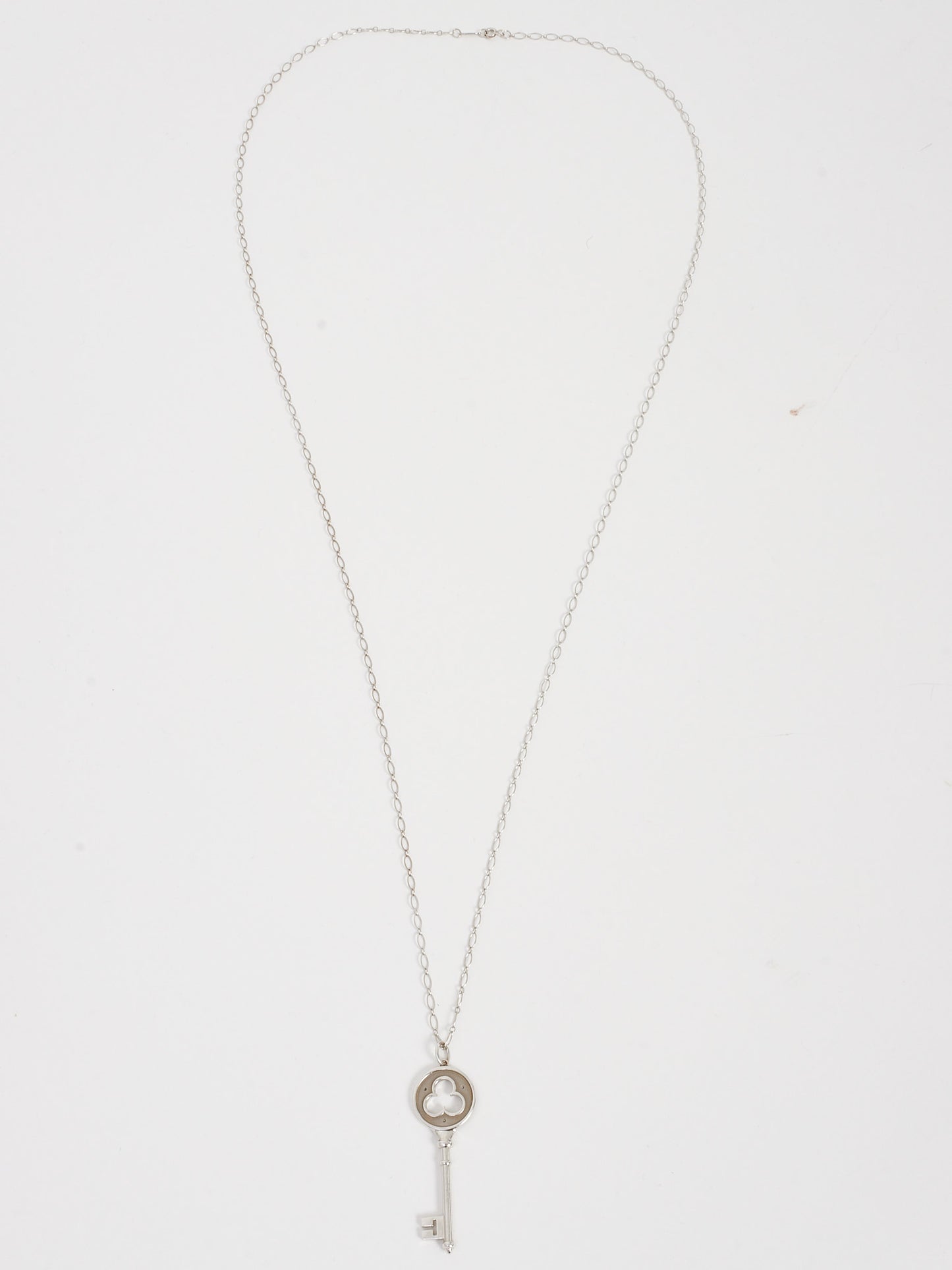 Tiffany & Co. 750 18K White Gold Diamond Clover Key Pendant Marquis Chain Necklace