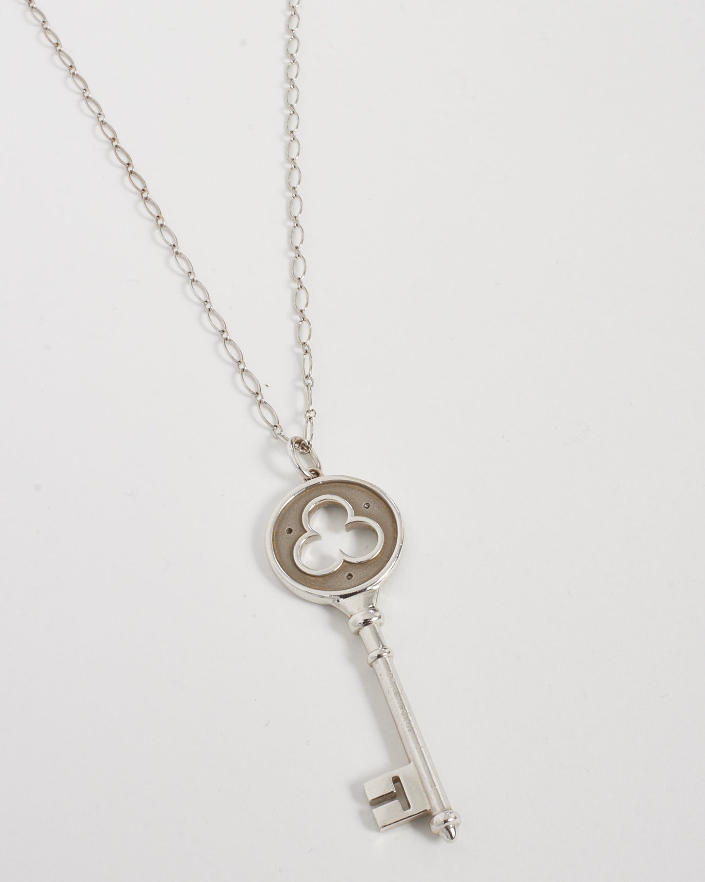 Tiffany & Co. 750 18K White Gold Diamond Clover Key Pendant Marquis Chain Necklace
