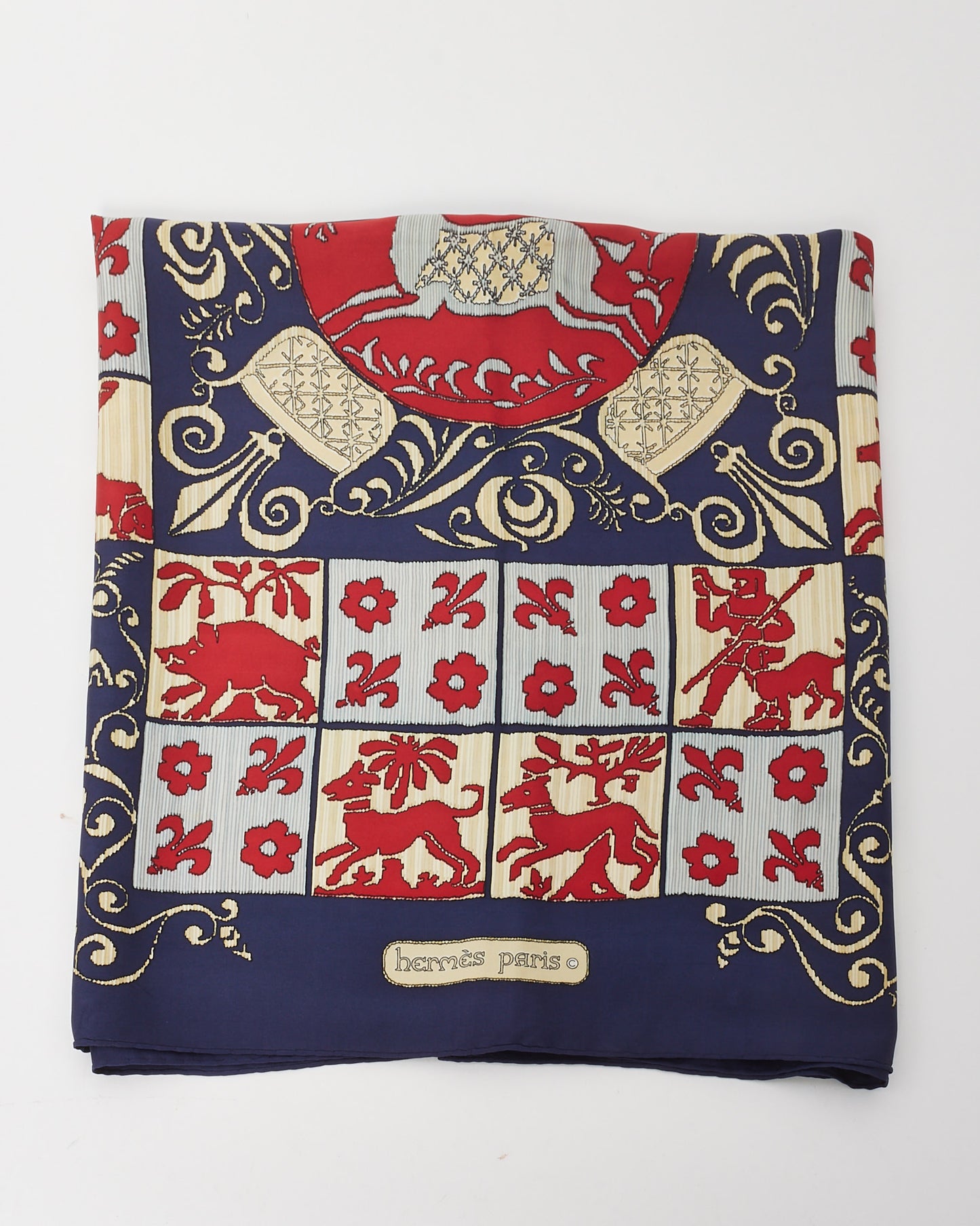 Hermès Vintage Navy/Red/White Multi "Hourvari" Silk Scarf