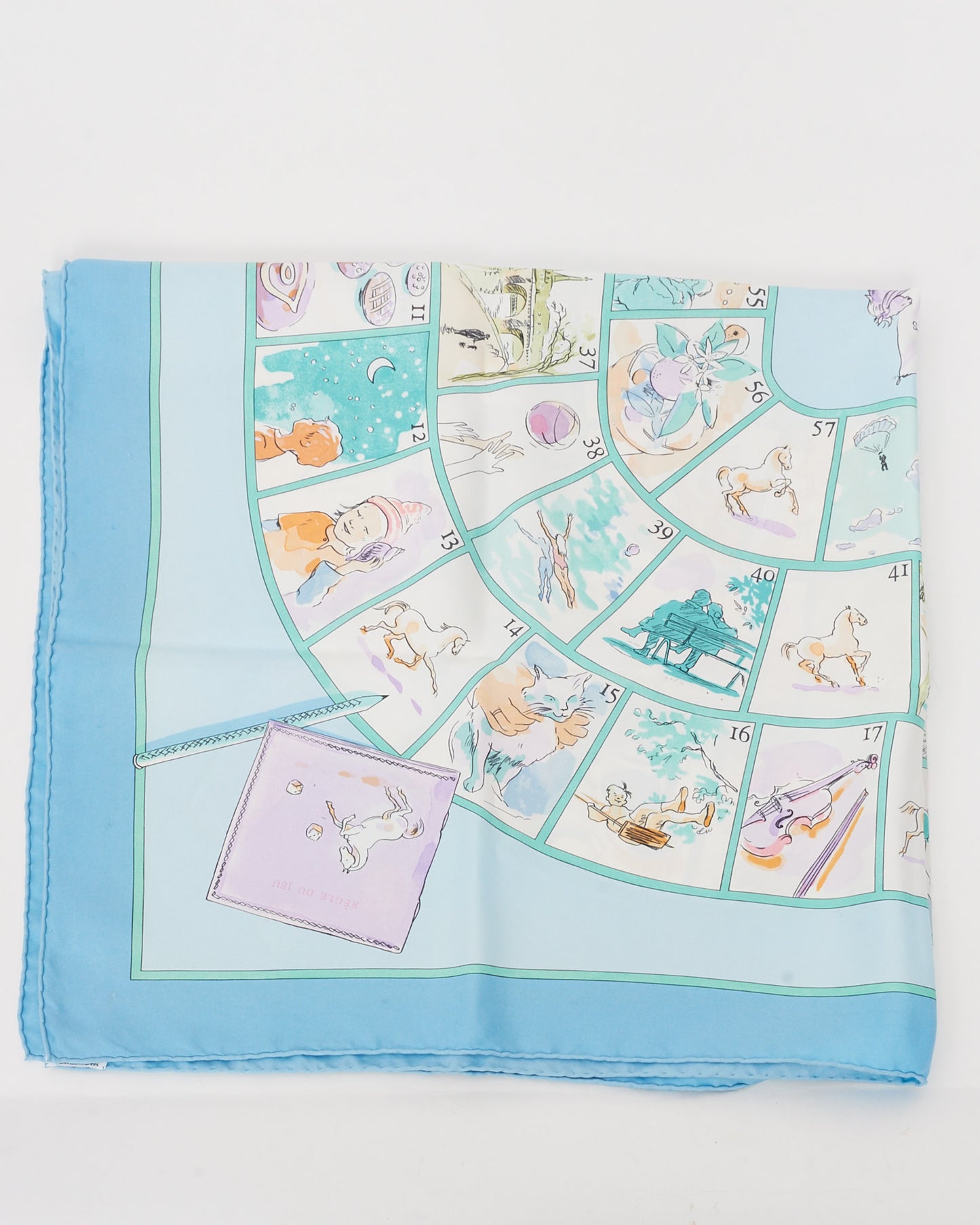 Hermès Blue/Purple/Multi "Le Jeu des Petits Bonheurs à Hermès" Silk Scarf