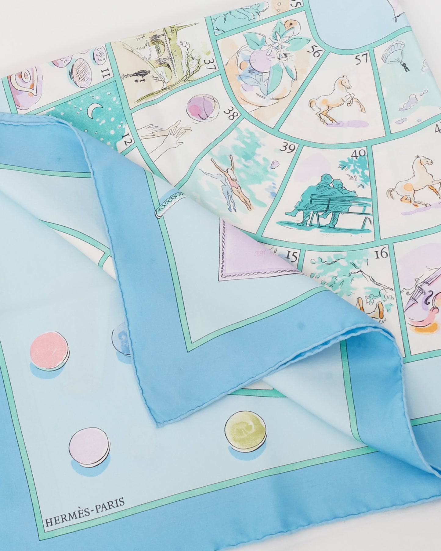 Hermès Blue/Purple/Multi "Le Jeu des Petits Bonheurs à Hermès" Silk Scarf