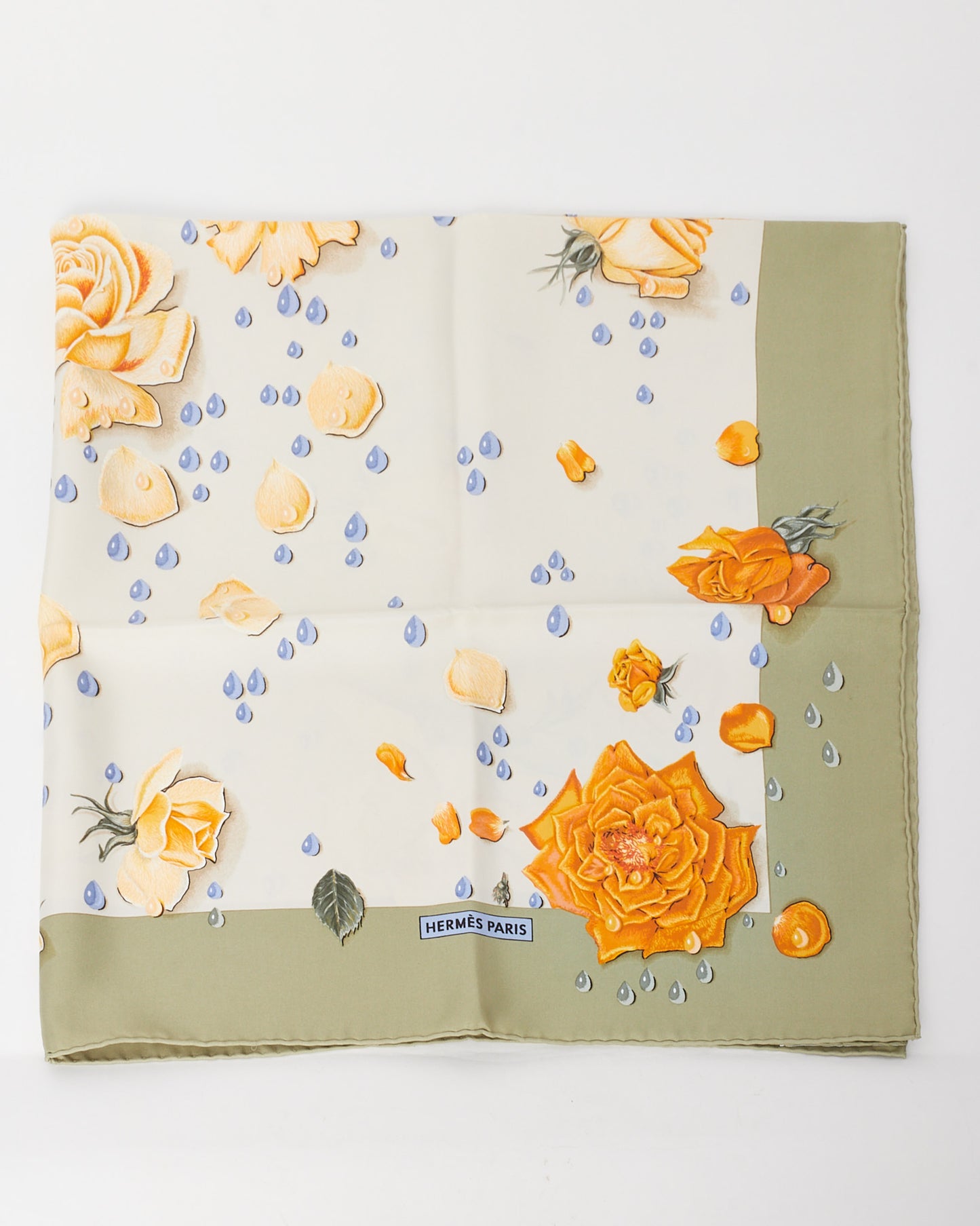 Hermès Green/Orange/Multi "La Rosée Rose Drop" Silk Scarf