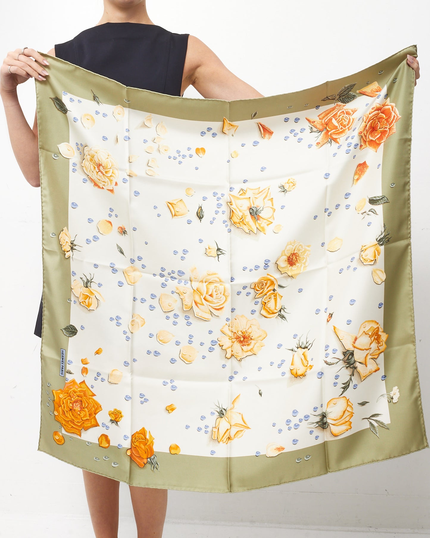 Hermès Green/Orange/Multi "La Rosée Rose Drop" Silk Scarf
