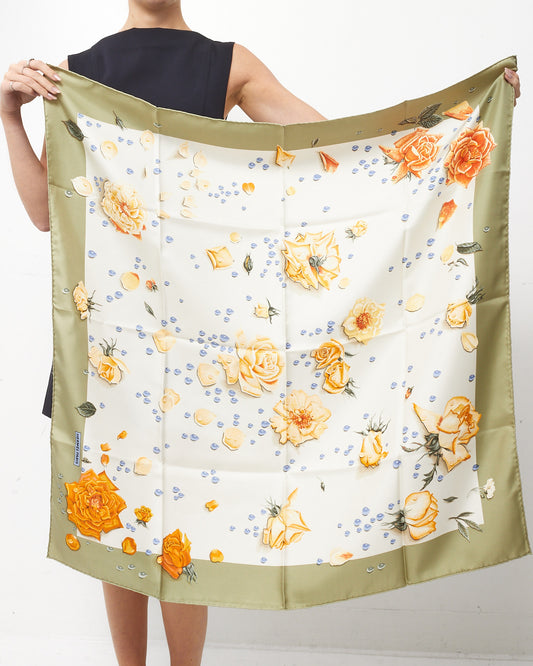 Hermès Green/Orange/Multi "La Rosée Rose Drop" Silk Scarf