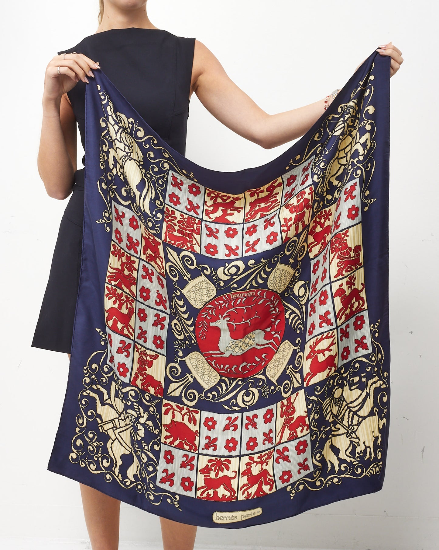 Hermès Vintage Navy/Red/White Multi "Hourvari" Silk Scarf