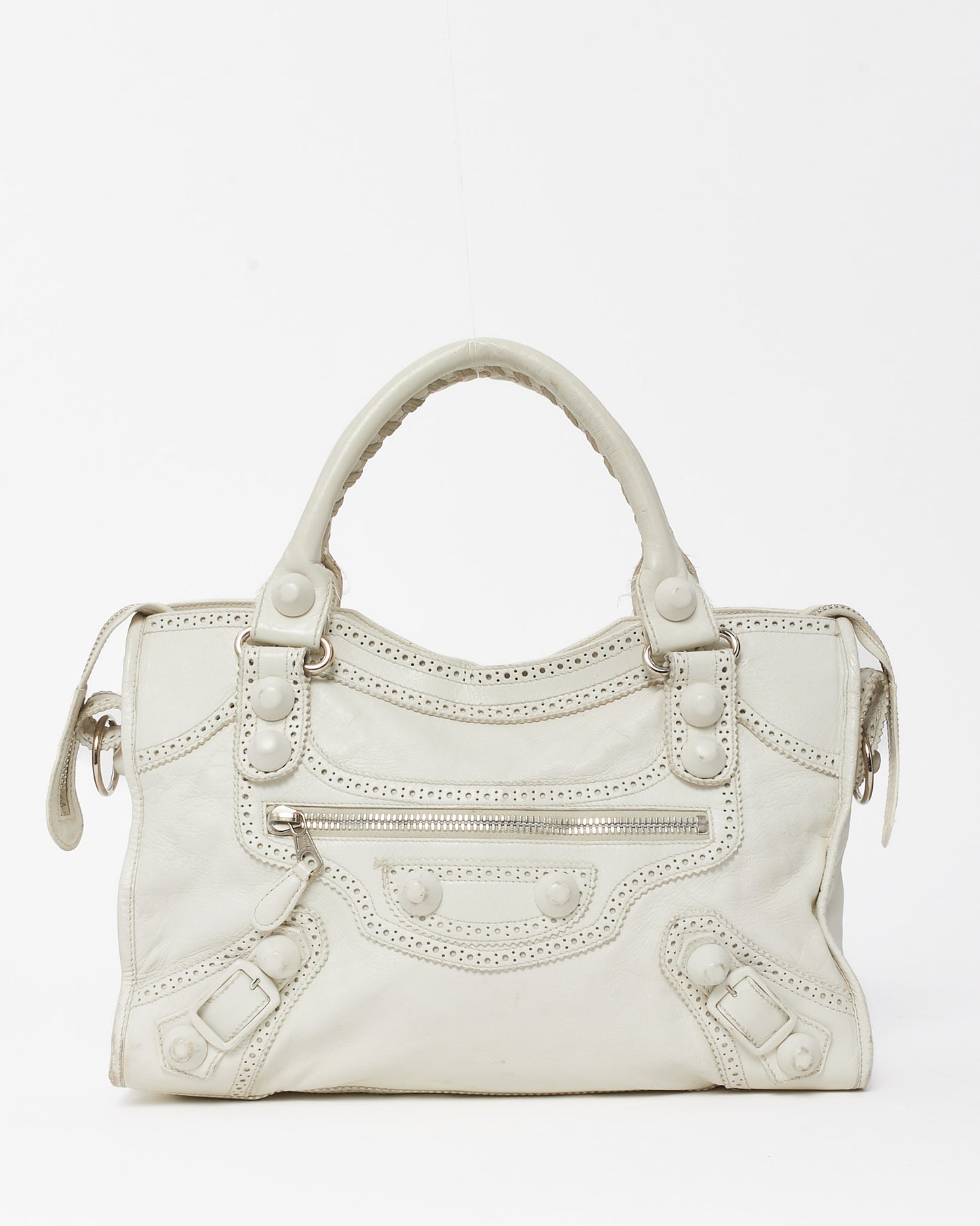 Balenciaga White Agneau Leather Giant Brogues Hardware City Bag with NO STRAP