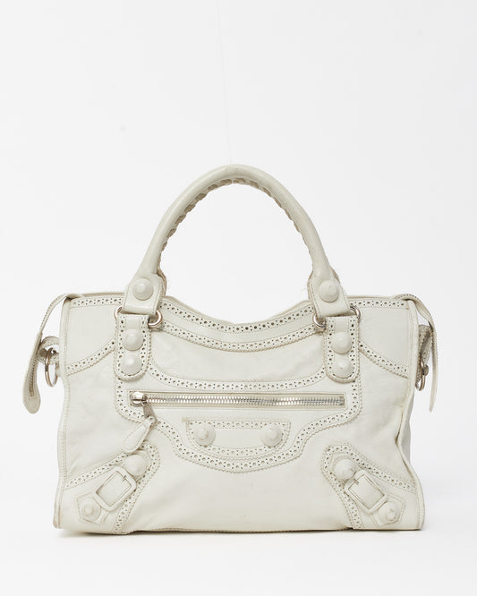 Balenciaga White Agneau Leather Giant Brogues Hardware City Bag with NO STRAP