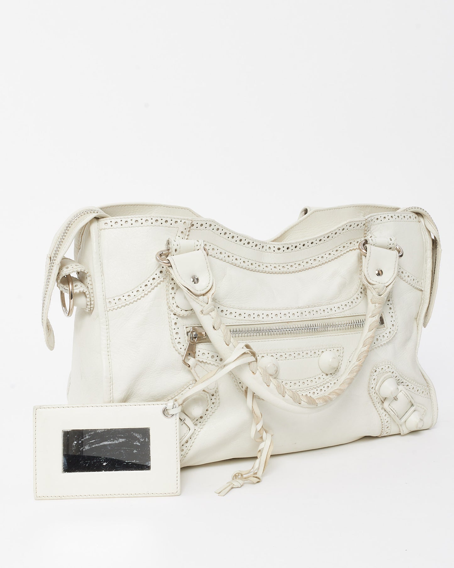 Balenciaga White Agneau Leather Giant Brogues Hardware City Bag with NO STRAP
