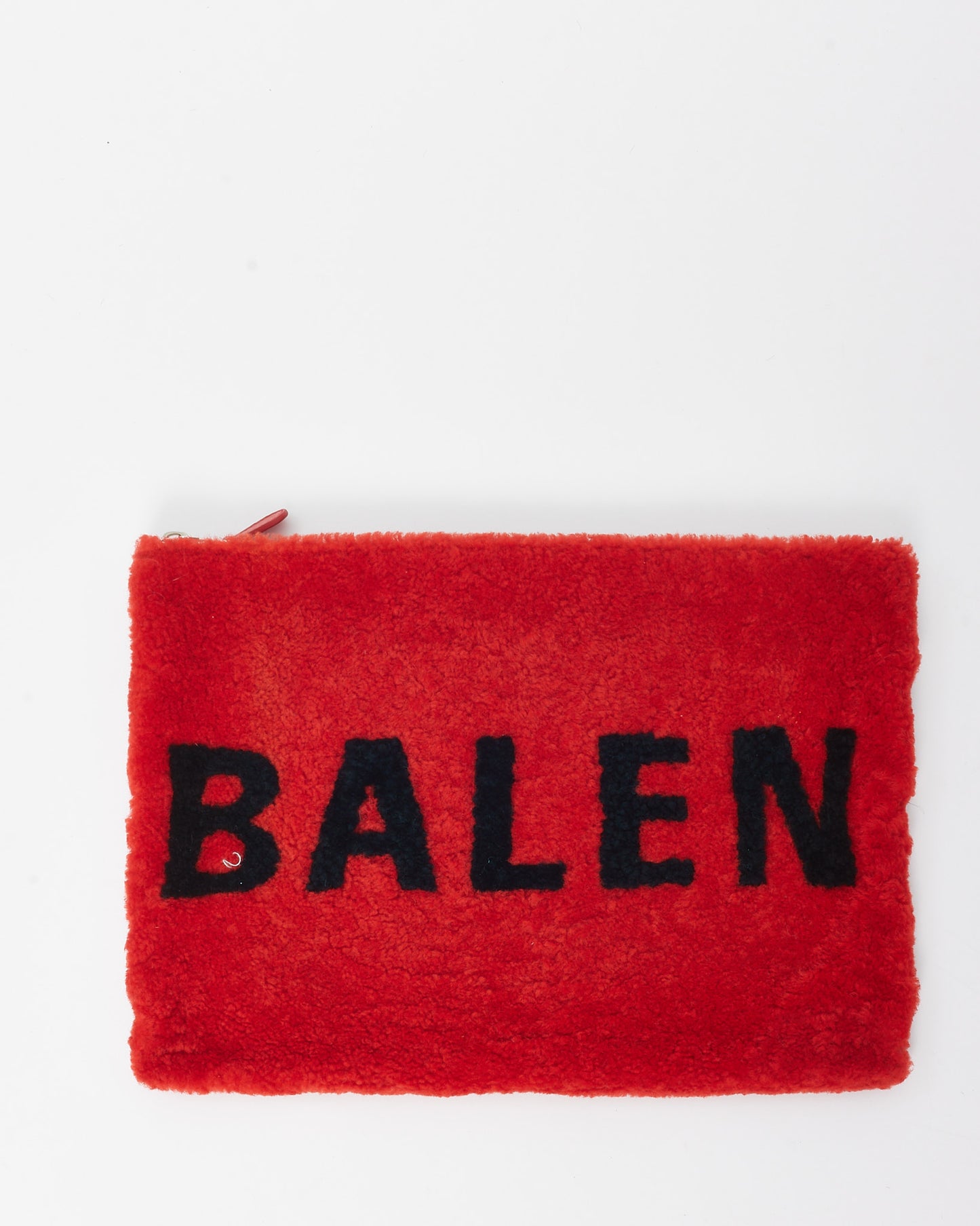 Balenciaga Red Merino Wool Shearling Logo Zip Clutch Bag