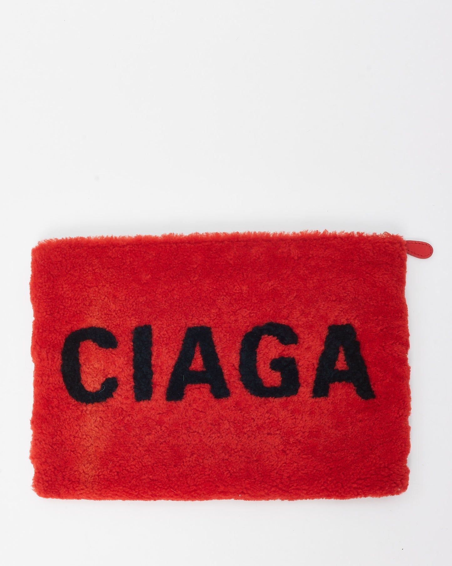 Balenciaga Red Merino Wool Shearling Logo Zip Clutch Bag