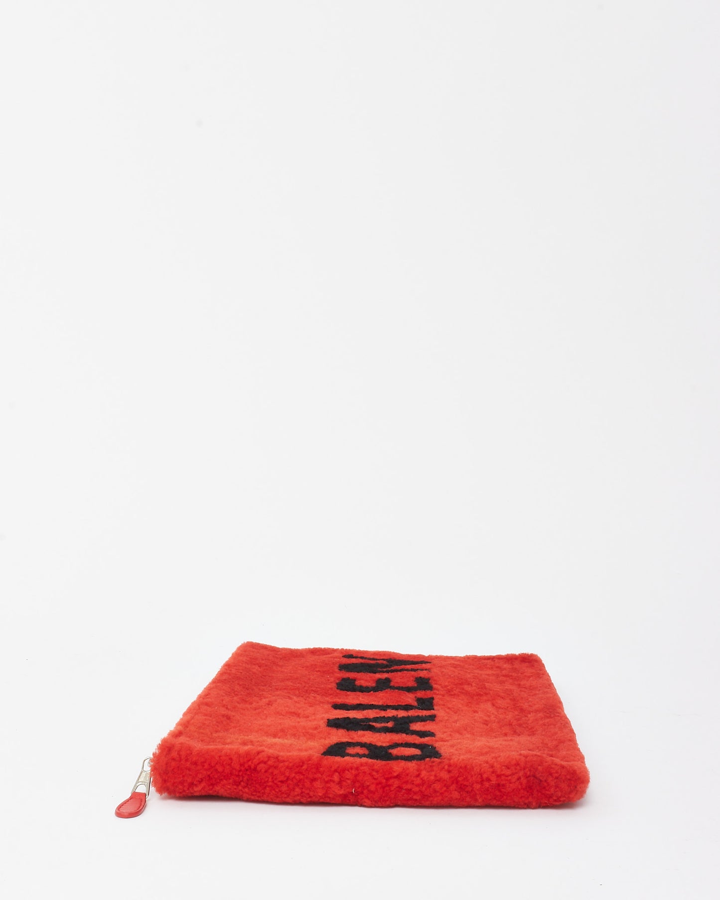 Balenciaga Red Merino Wool Shearling Logo Zip Clutch Bag