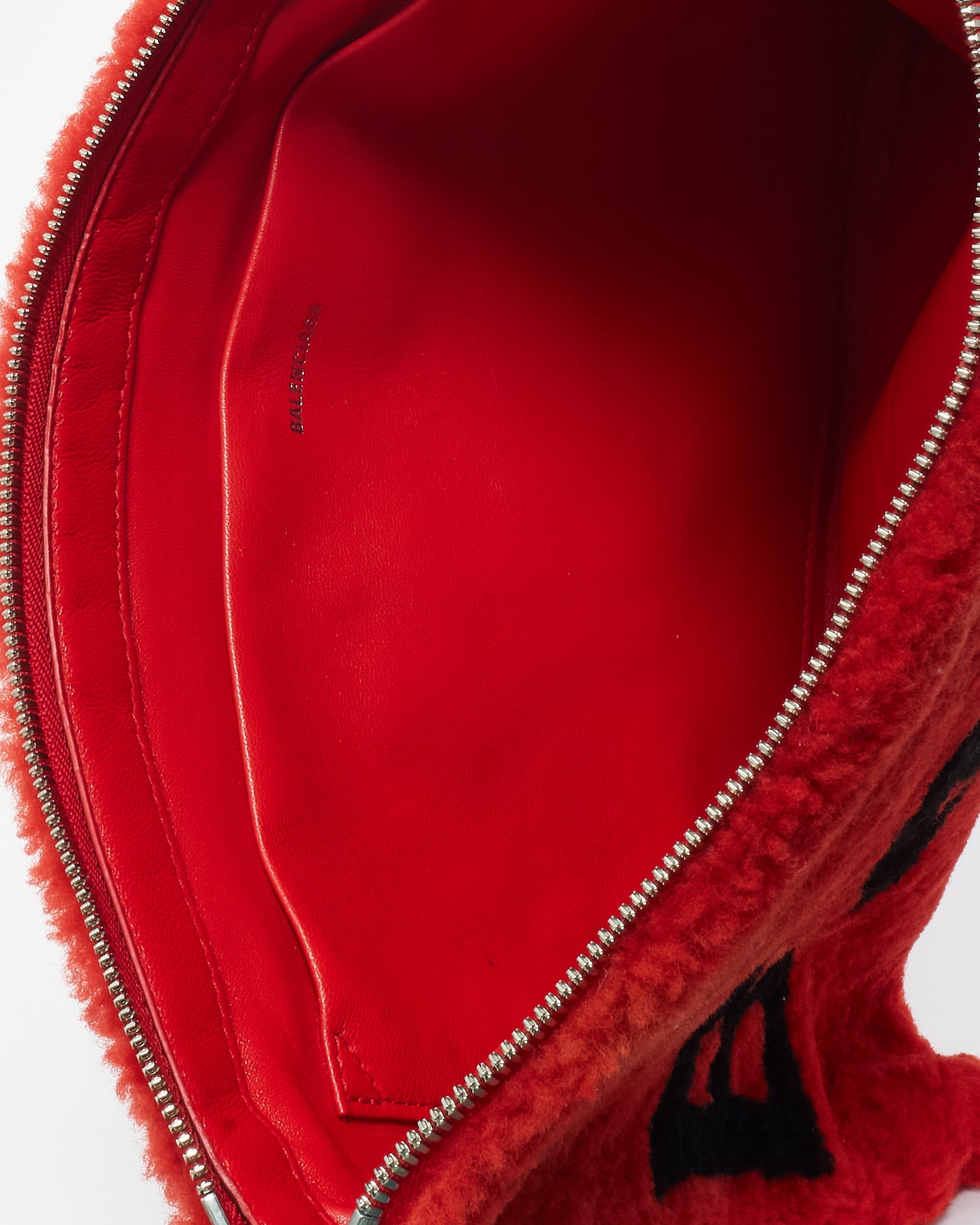 Balenciaga Red Merino Wool Shearling Logo Zip Clutch Bag
