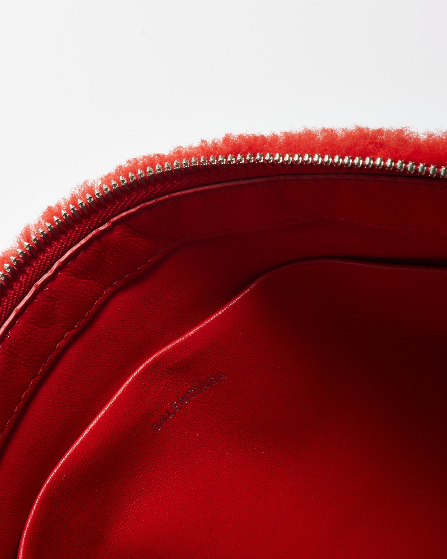 Balenciaga Red Merino Wool Shearling Logo Zip Clutch Bag