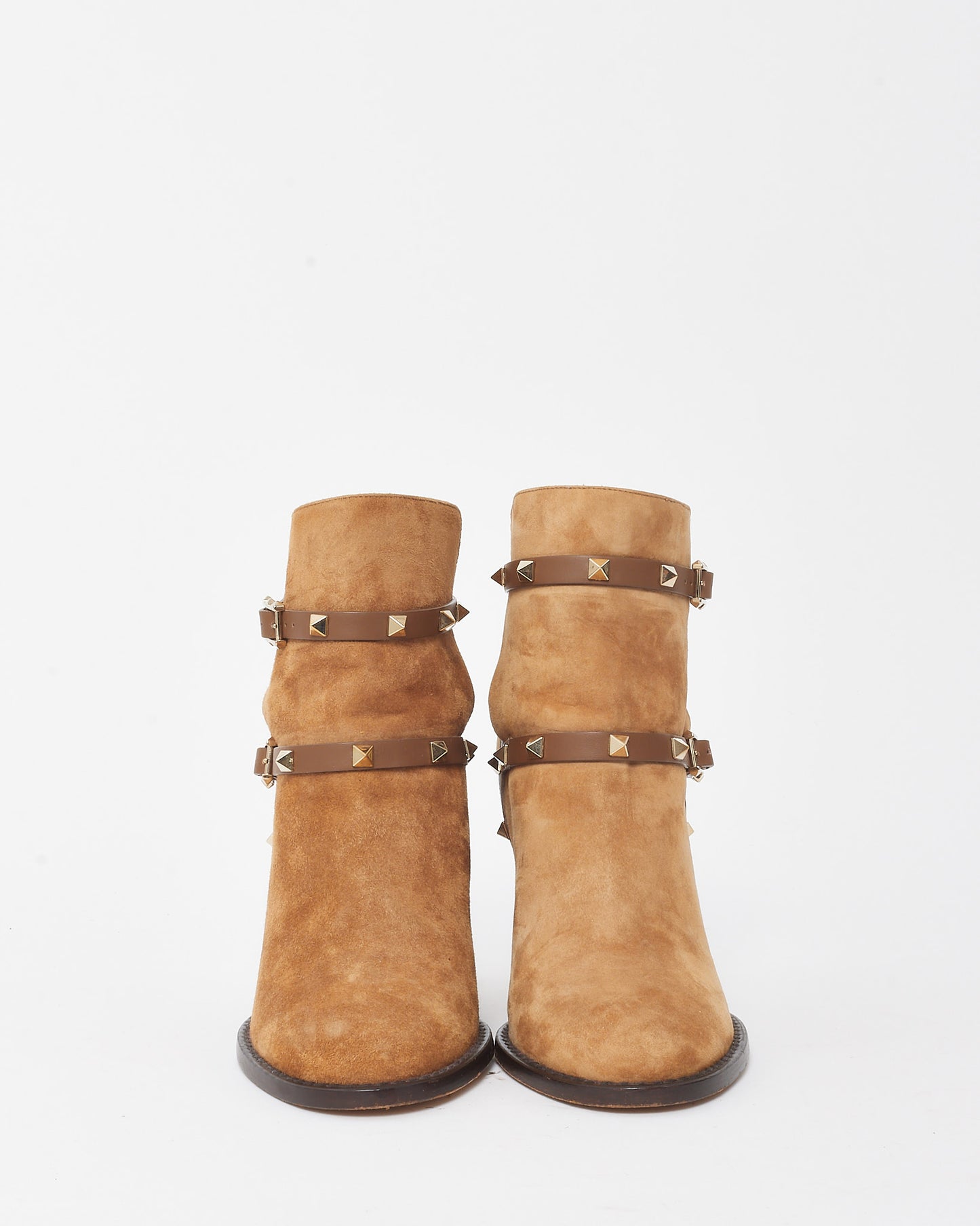 Valentino Brown Nocciola Suede Rockstud Double Buckle 100mm Block Heel Ankle Boots - 39