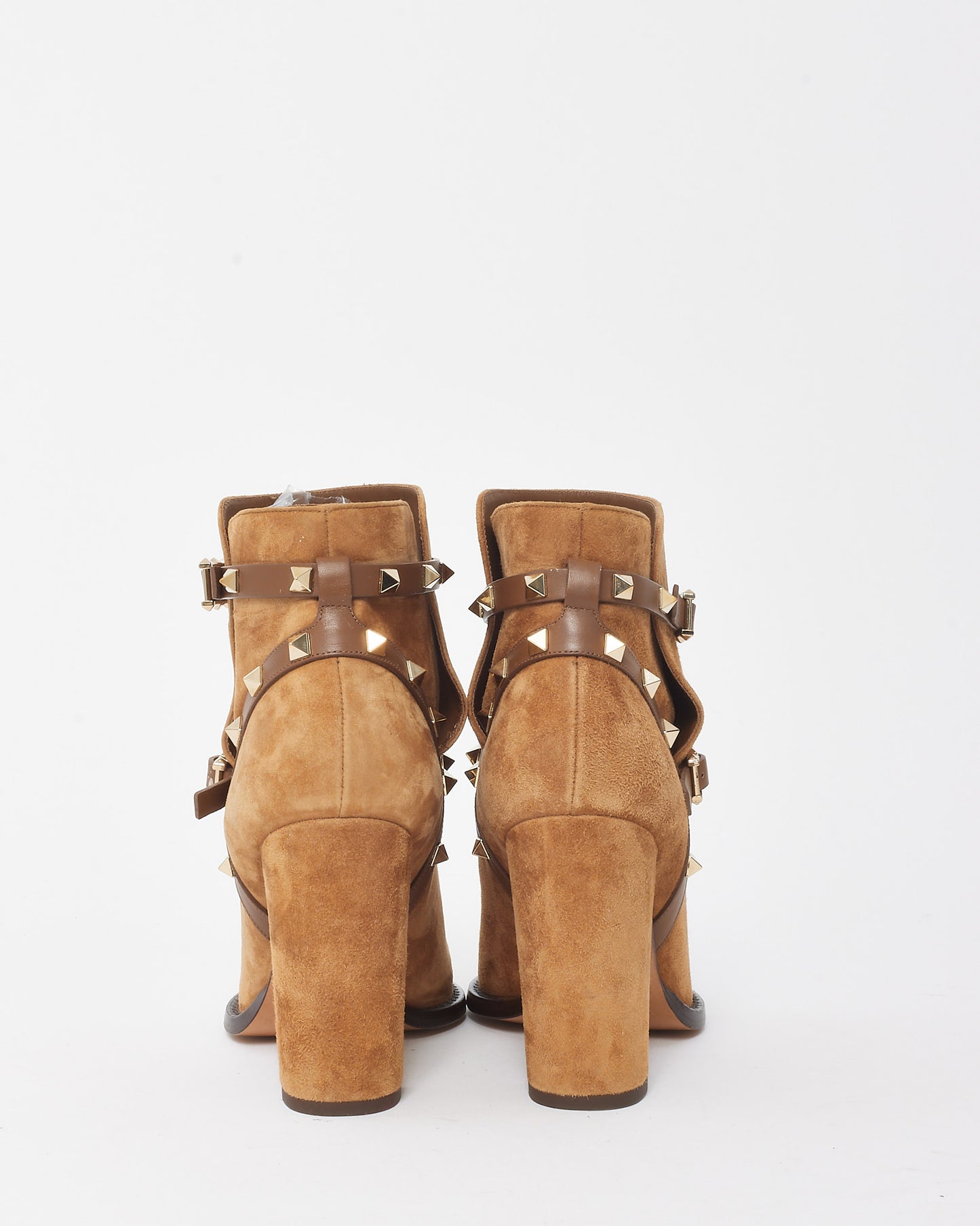 Valentino Brown Nocciola Suede Rockstud Double Buckle 100mm Block Heel Ankle Boots - 39