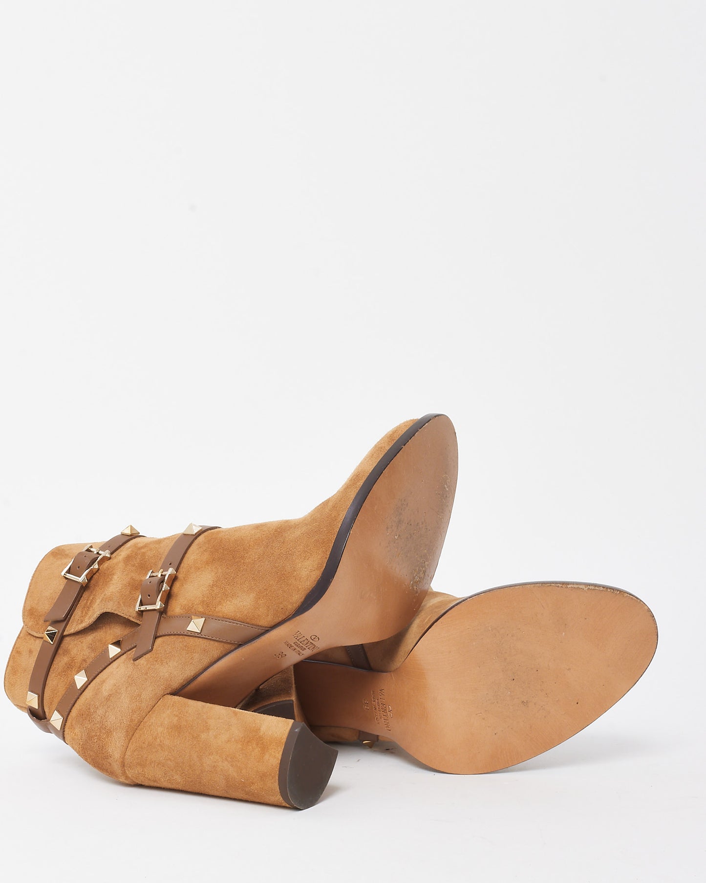 Valentino Brown Nocciola Suede Rockstud Double Buckle 100mm Block Heel Ankle Boots - 39