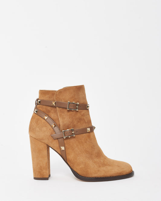 Valentino Brown Nocciola Suede Rockstud Double Buckle 100mm Block Heel Ankle Boots - 39