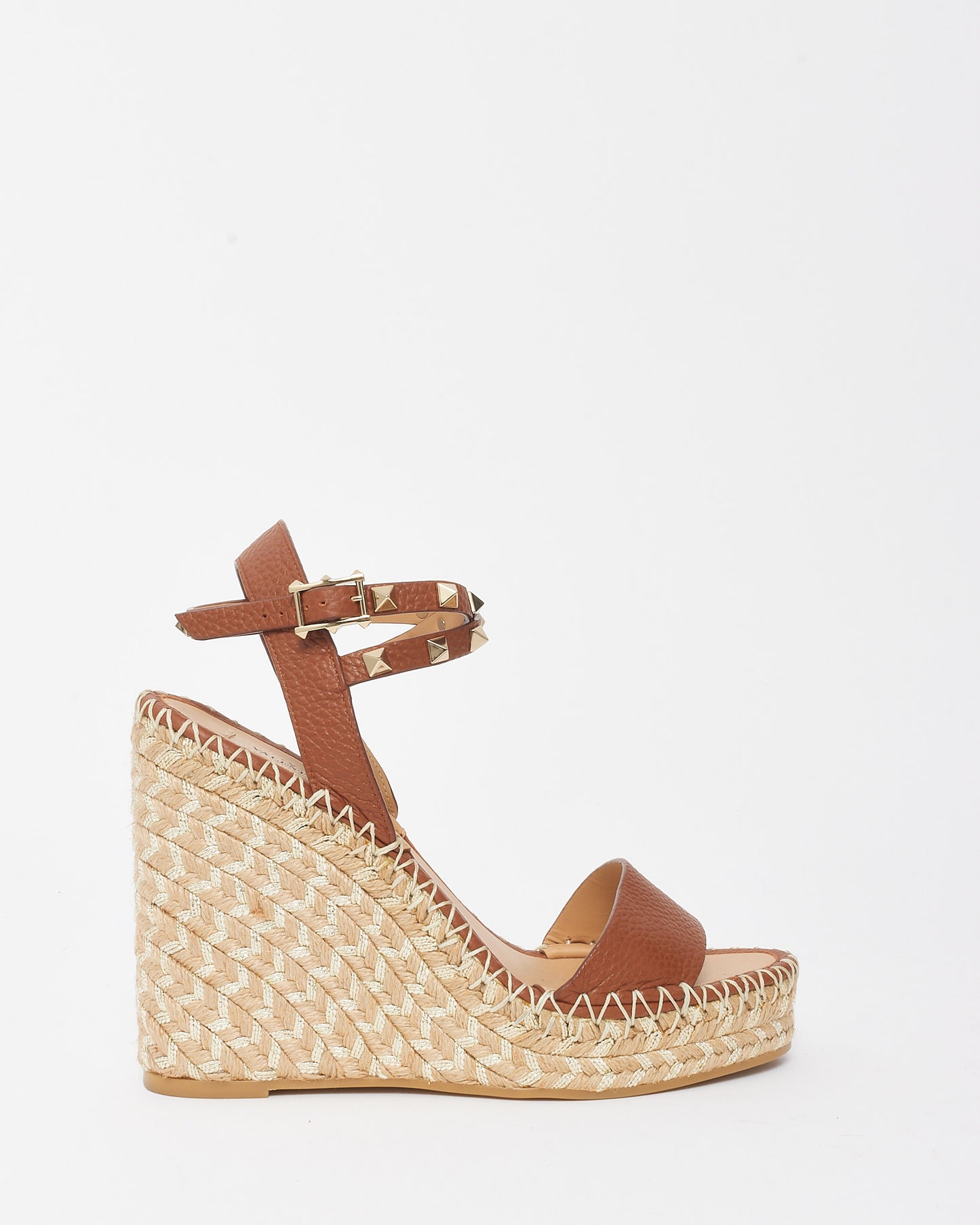 Valentino Tan Leather Rockstud Espadrille Wedges - 38.5