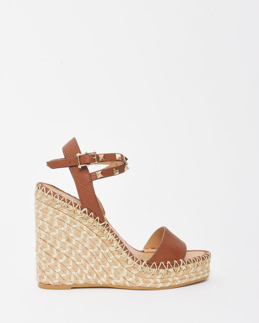 Valentino Tan Leather Rockstud Espadrille Wedges - 38.5