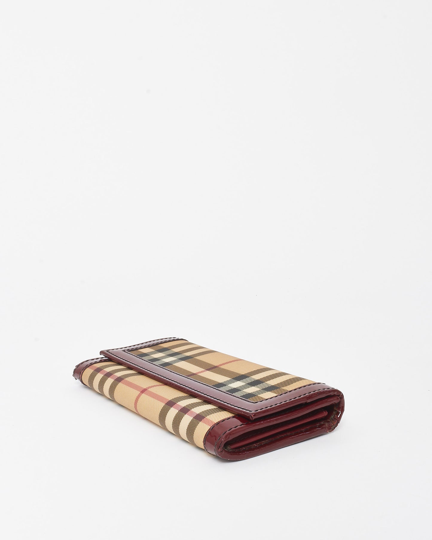 Burberry Red Patent Beige House Check Coated Canvas Wallet