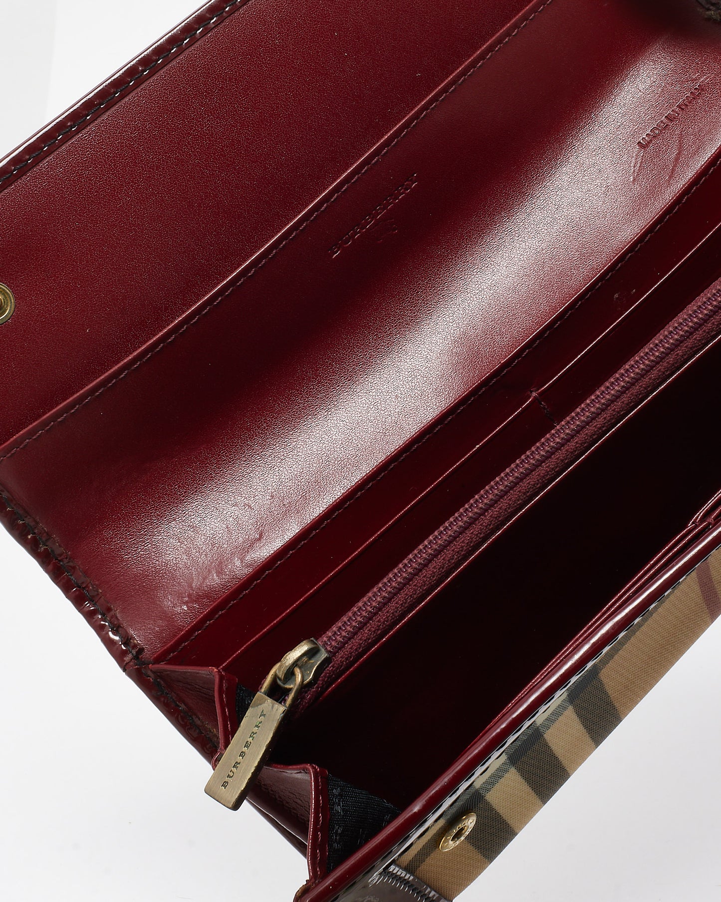 Burberry Red Patent Beige House Check Coated Canvas Wallet