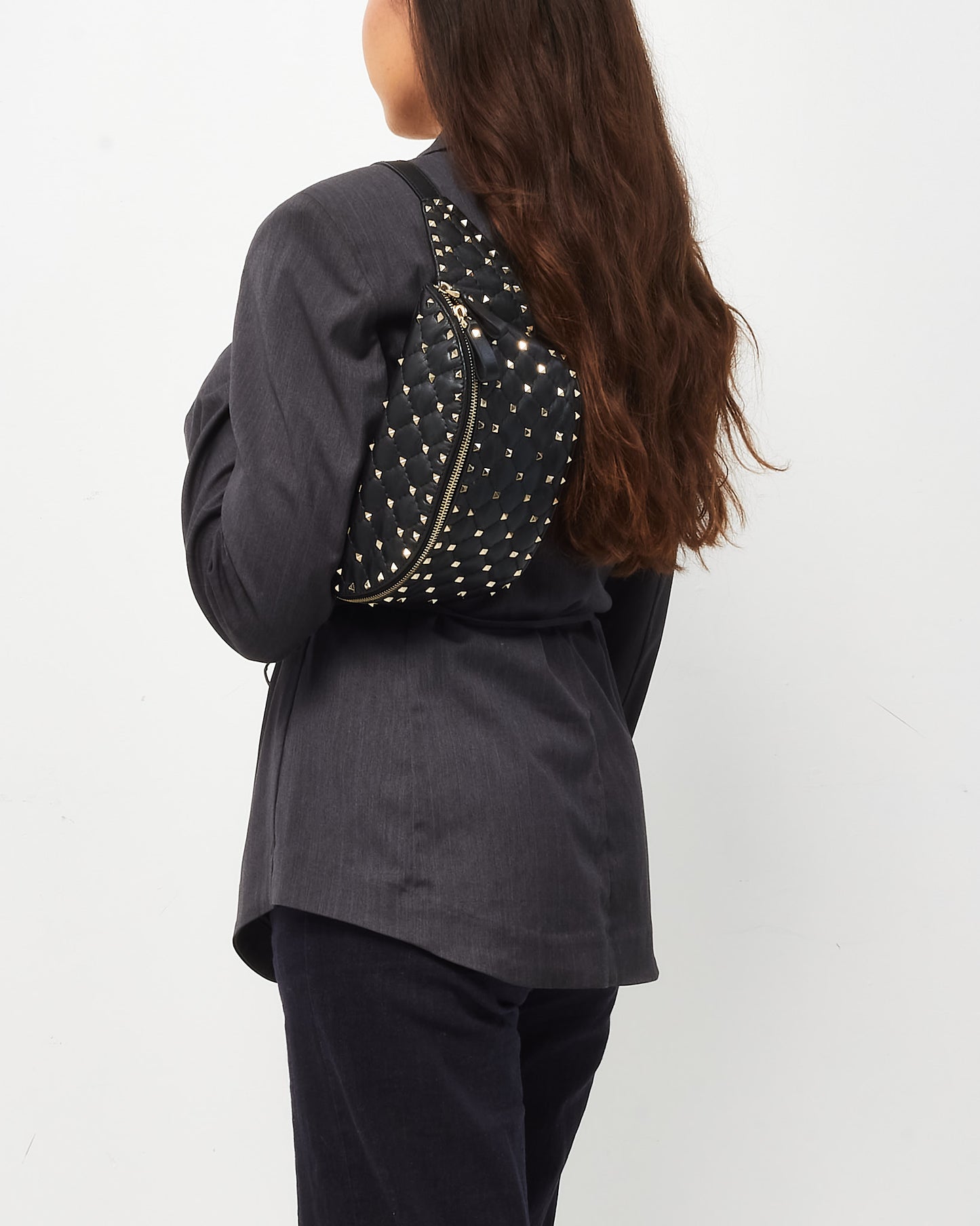 Valentino Black Nappa Leather Rockstud Spike Belt Bag