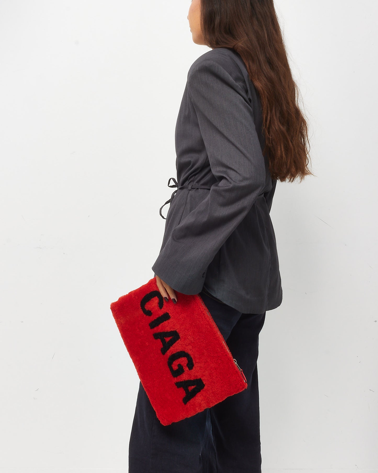 Balenciaga Red Merino Wool Shearling Logo Zip Clutch Bag