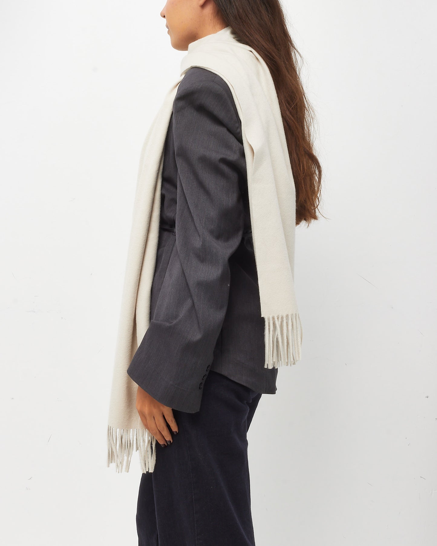 Saint Laurent Ivory Cashmere Jacquard Logo Fringe Signature Scarf