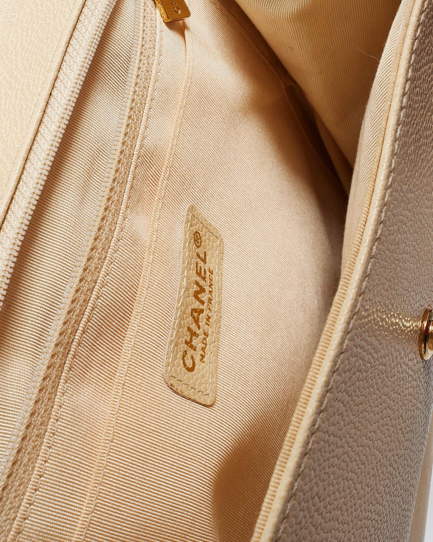 Chanel Vintage Cream Caviar Leather & Wood Kelly Bag