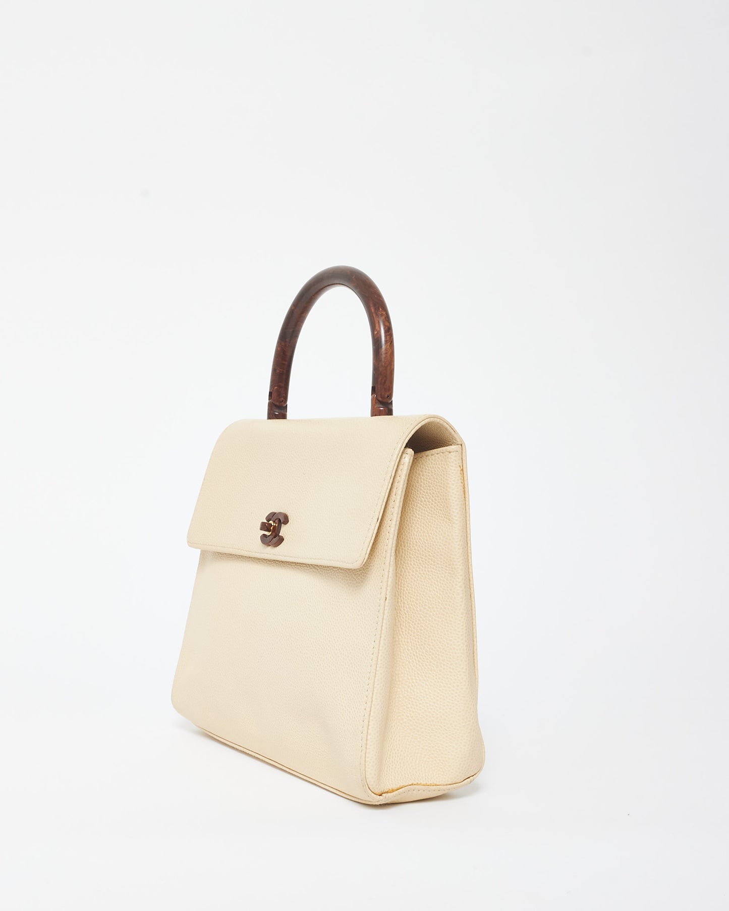 Chanel Vintage Cream Caviar Leather & Wood Kelly Bag