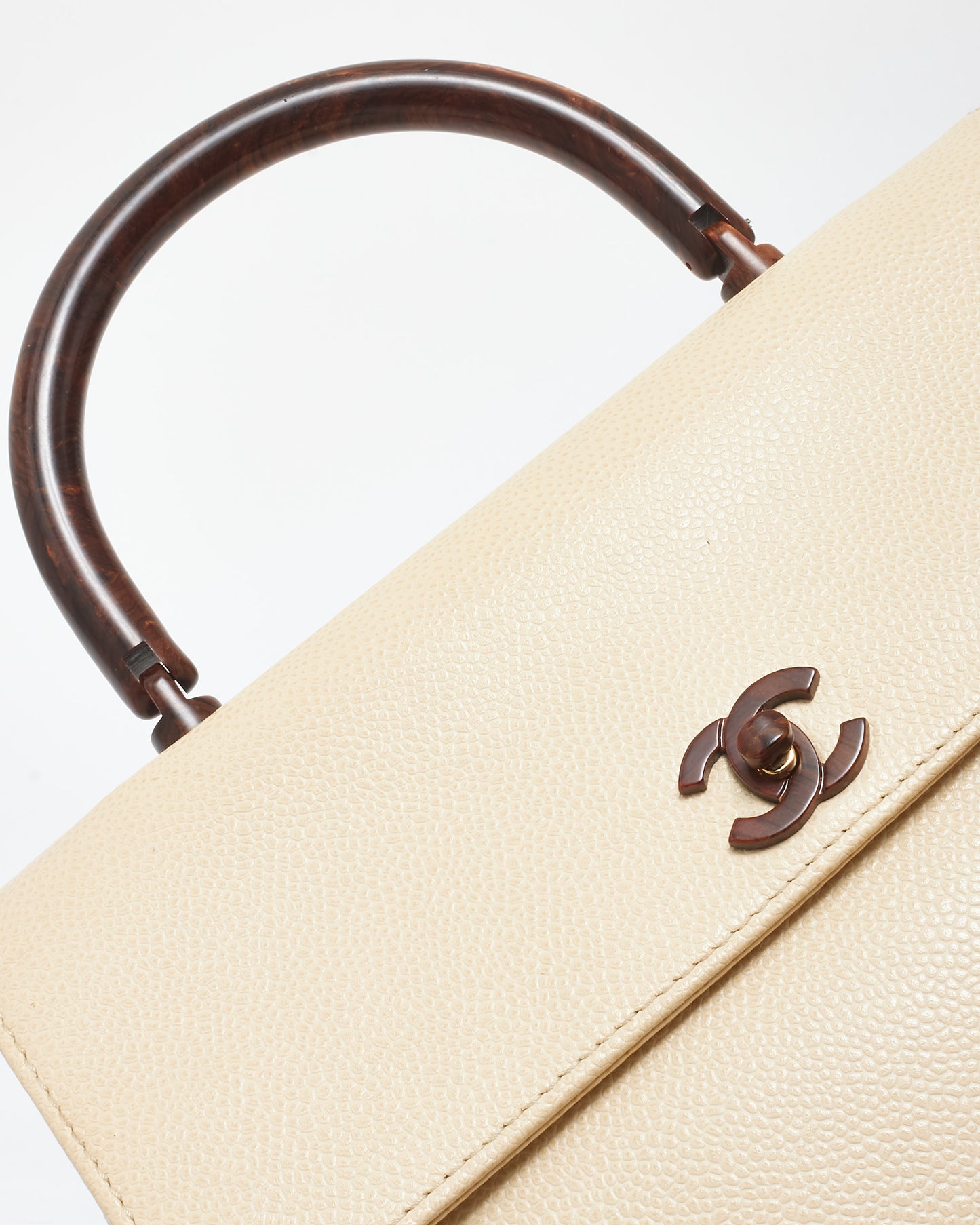 Chanel Vintage Cream Caviar Leather & Wood Kelly Bag