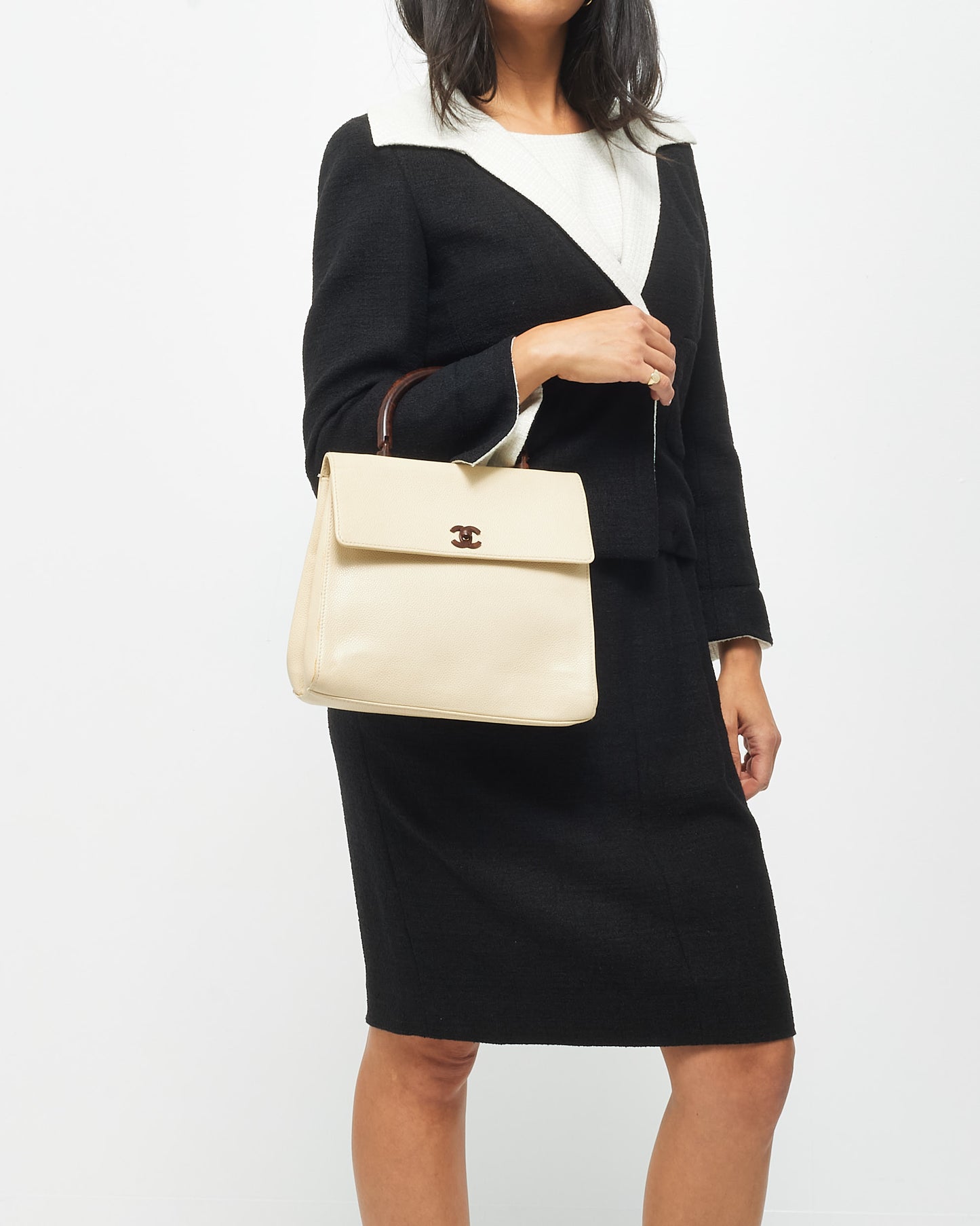 Chanel Vintage Cream Caviar Leather & Wood Kelly Bag