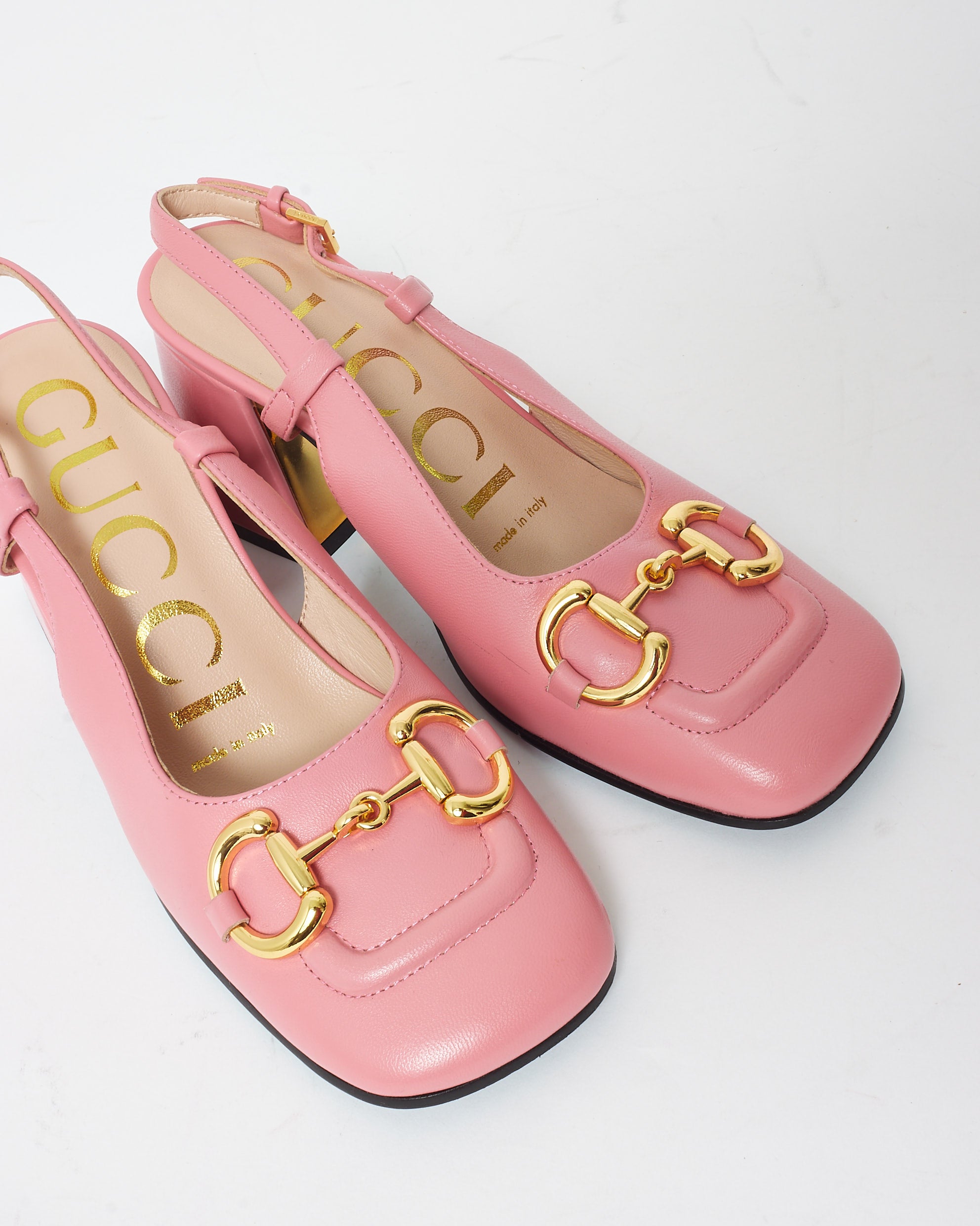 Gucci Pink Leather Horsebit Mid-Heel Loafers Size 5/35.5