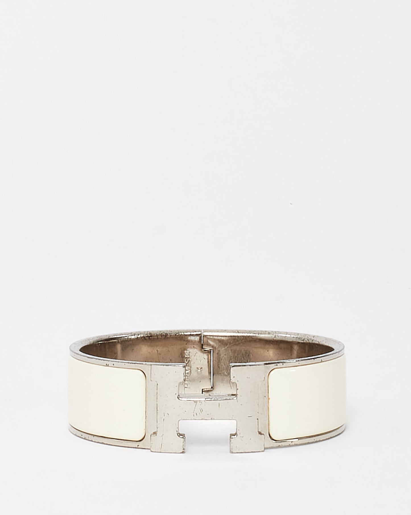 Hermès Silver White Enamel Wide Clic Clac H Bracelet - GM