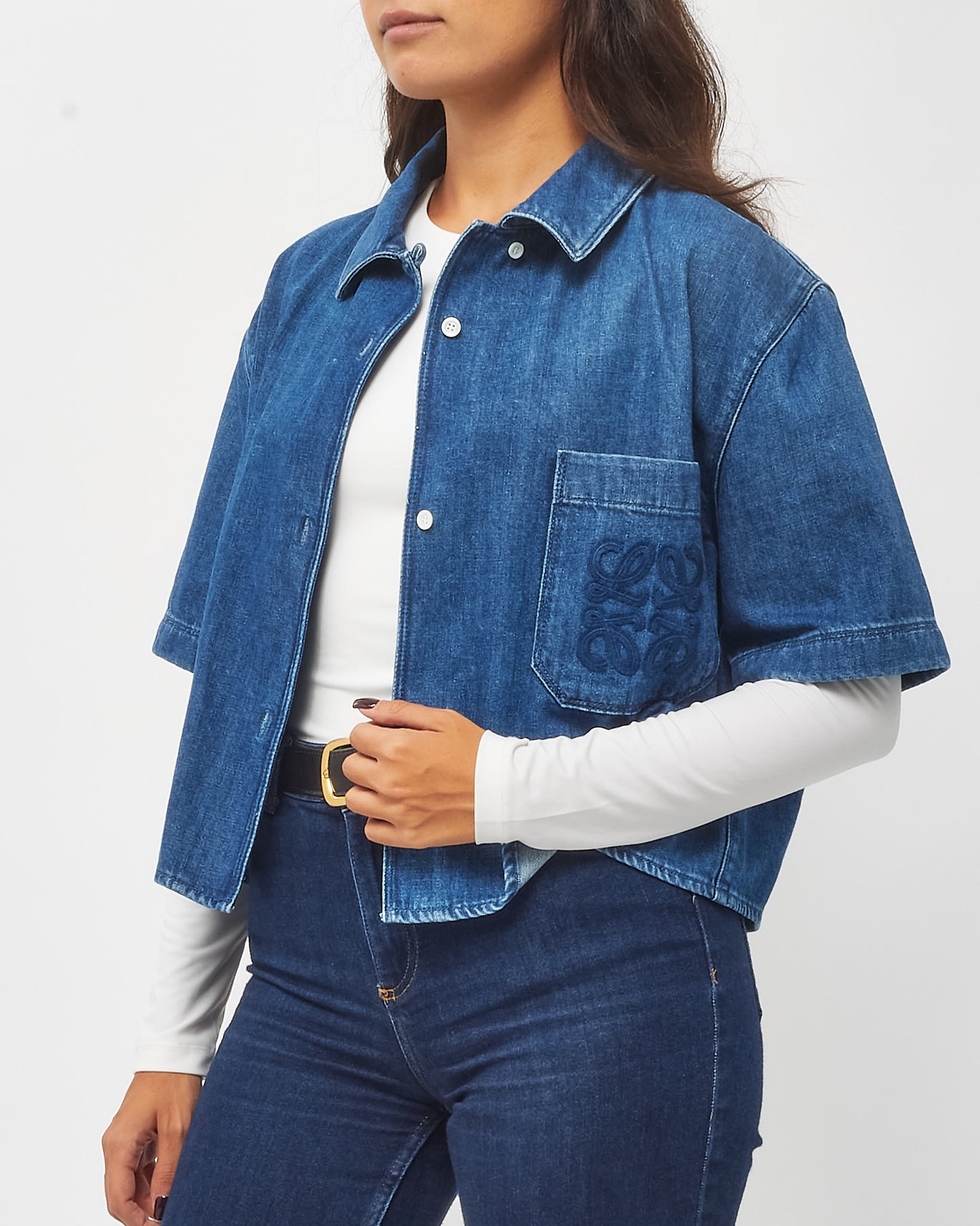 Loewe Blue Denim Anagram Logo Pocket Cropped Short Sleeve Shirt - 42/XL