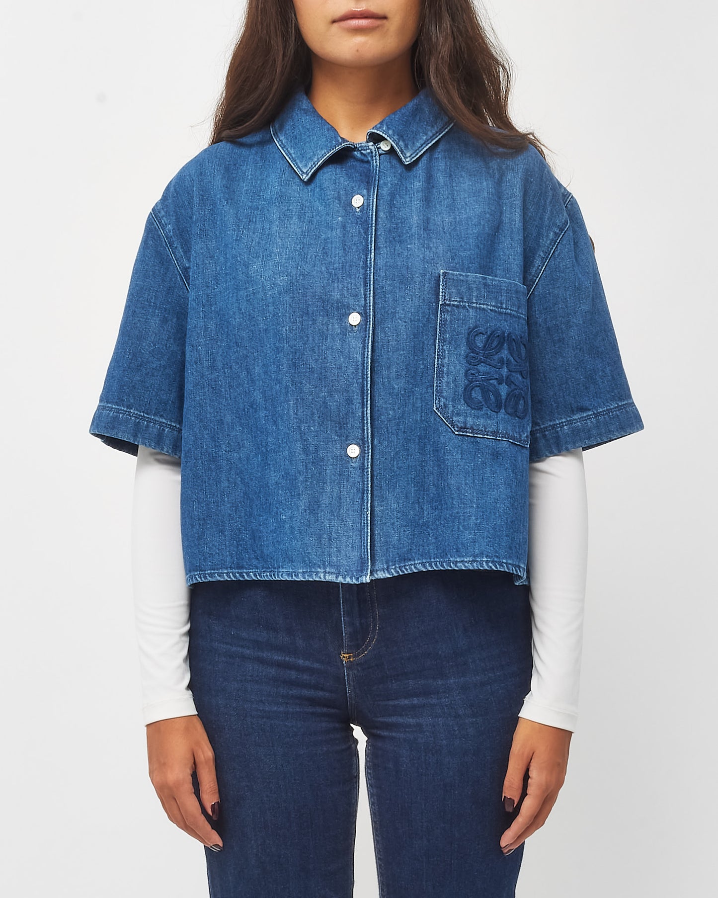 Loewe Blue Denim Anagram Logo Pocket Cropped Short Sleeve Shirt - 42/XL