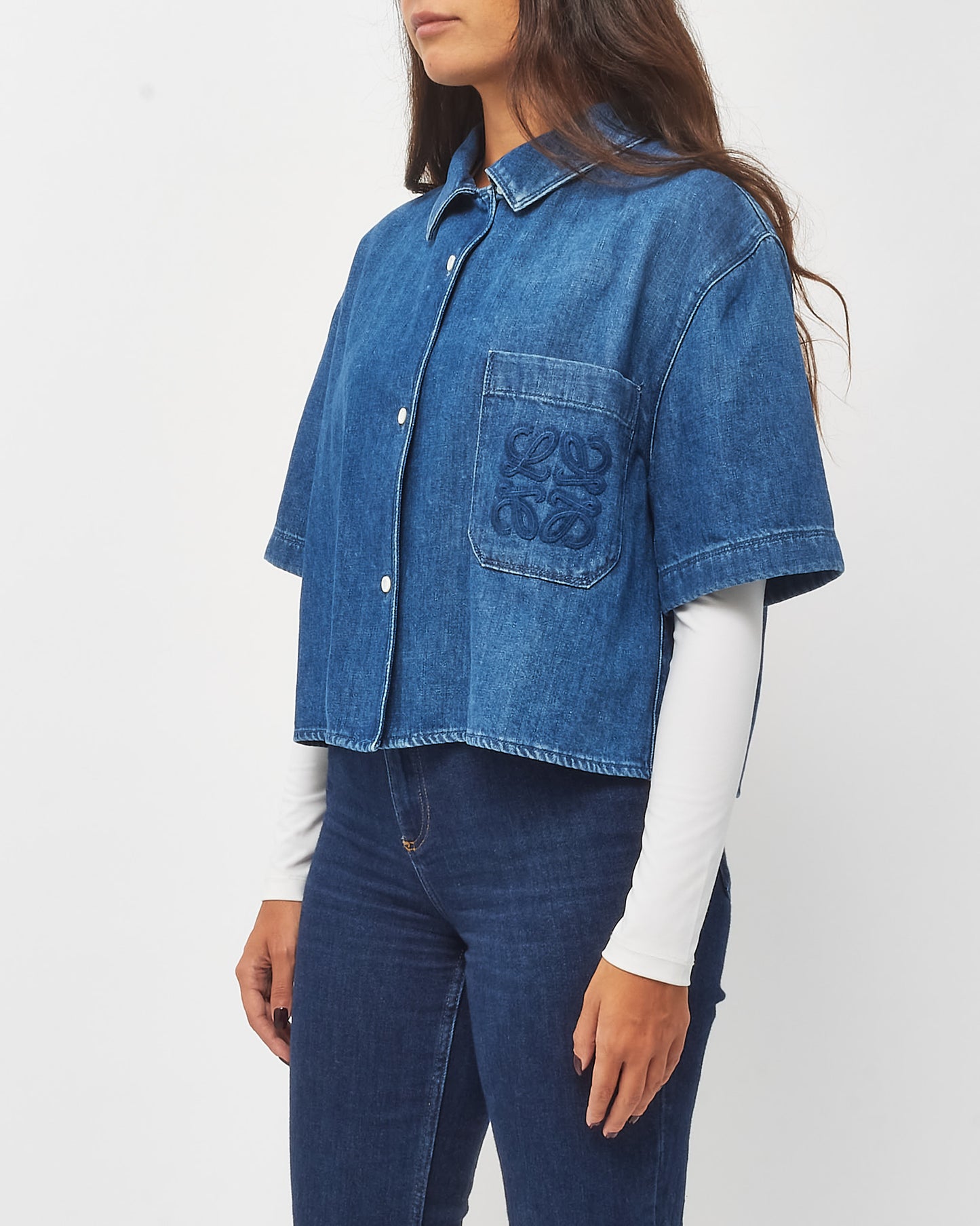 Loewe Blue Denim Anagram Logo Pocket Cropped Short Sleeve Shirt - 42/XL