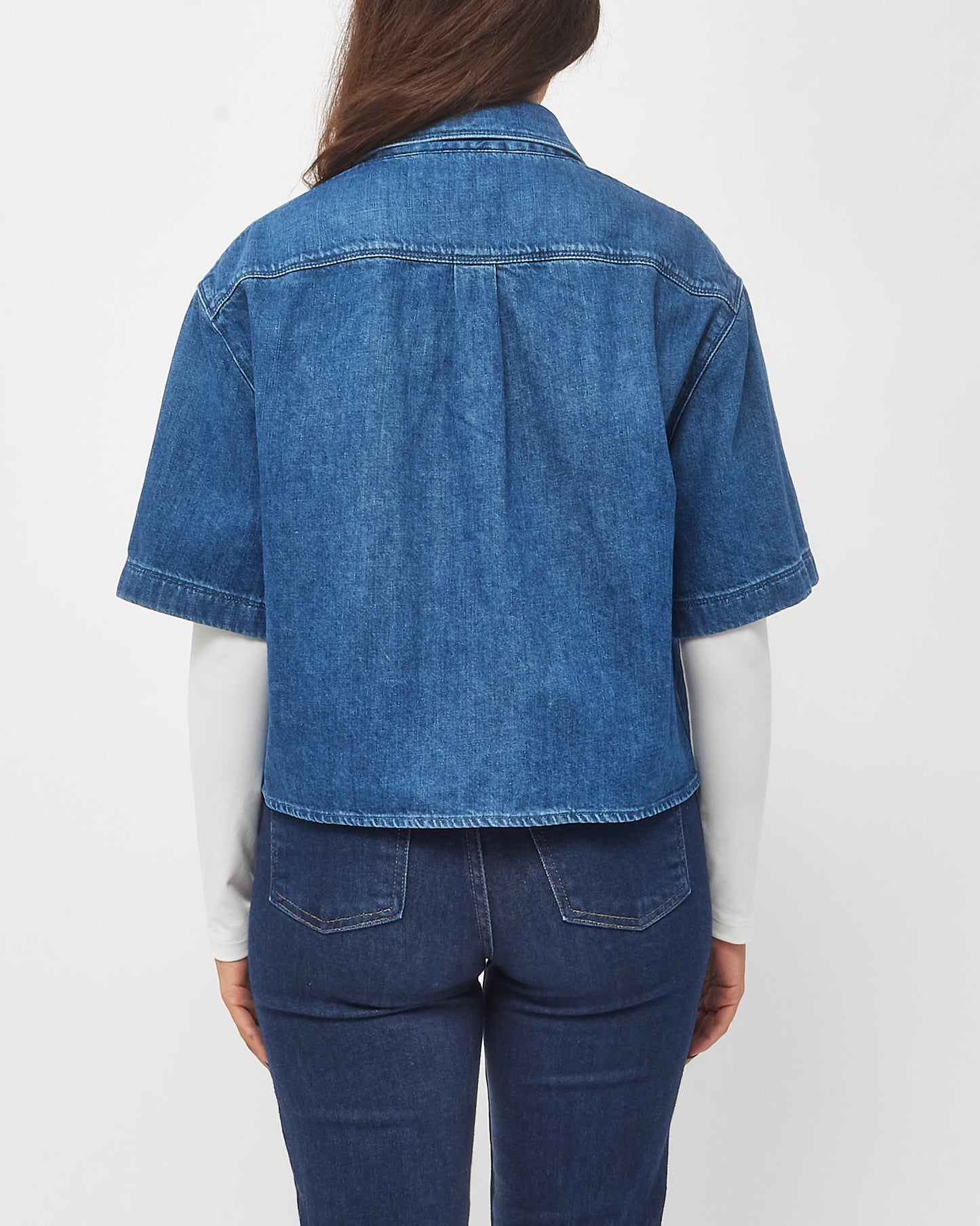 Loewe Blue Denim Anagram Logo Pocket Cropped Short Sleeve Shirt - 42/XL