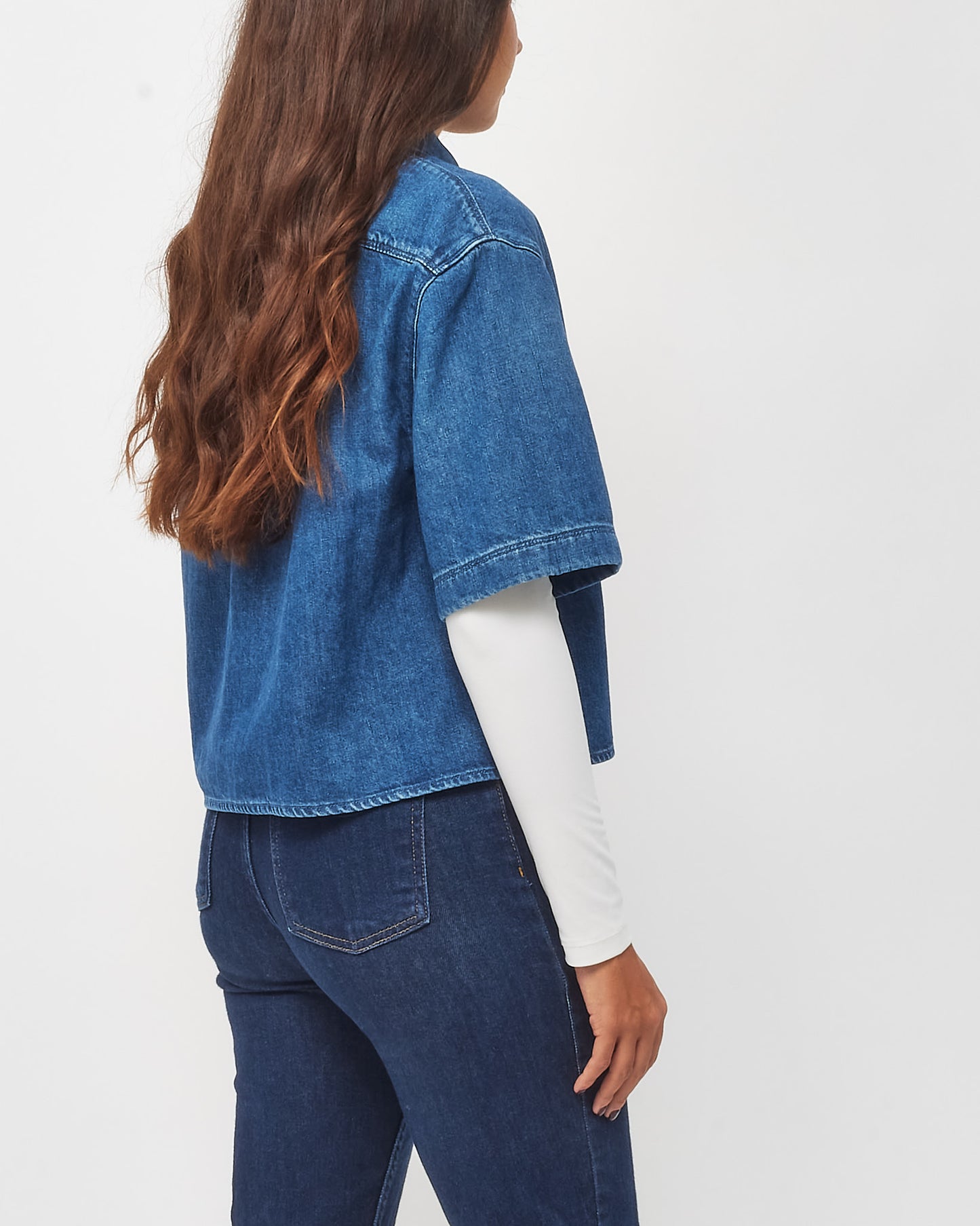 Loewe Blue Denim Anagram Logo Pocket Cropped Short Sleeve Shirt - 42/XL