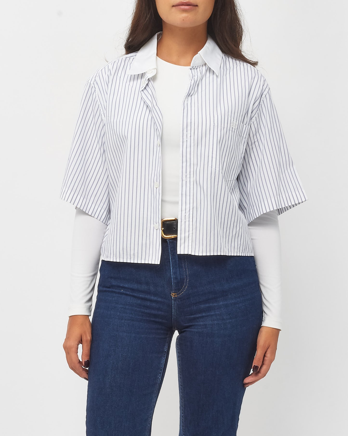 Celine Blue and White Striped Single-Breasted Short-Sleeved Cropped Shirt - 42/US 10