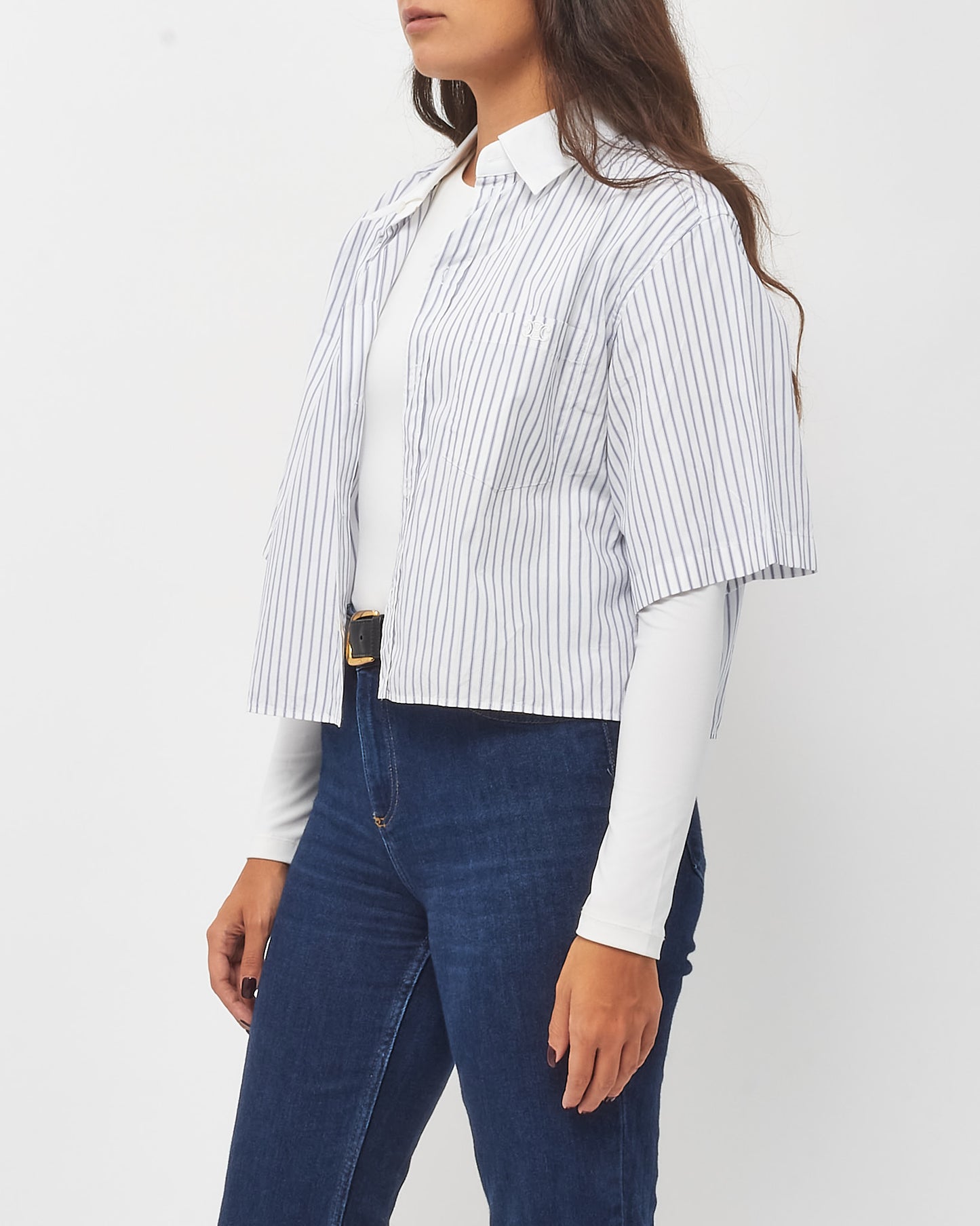 Celine Blue and White Striped Single-Breasted Short-Sleeved Cropped Shirt - 42/US 10