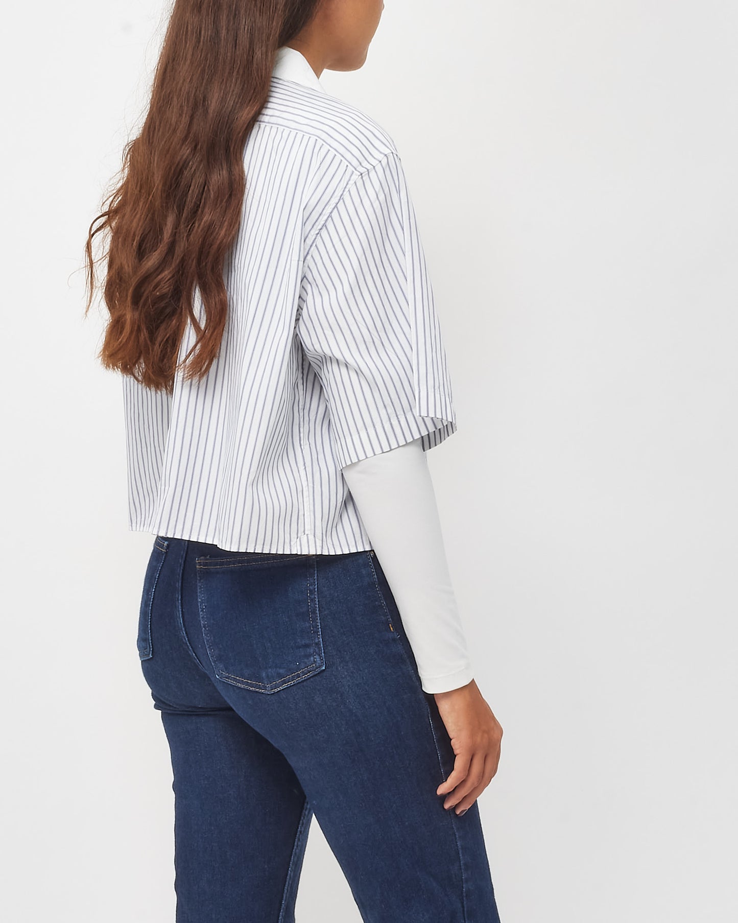 Celine Blue and White Striped Single-Breasted Short-Sleeved Cropped Shirt - 42/US 10