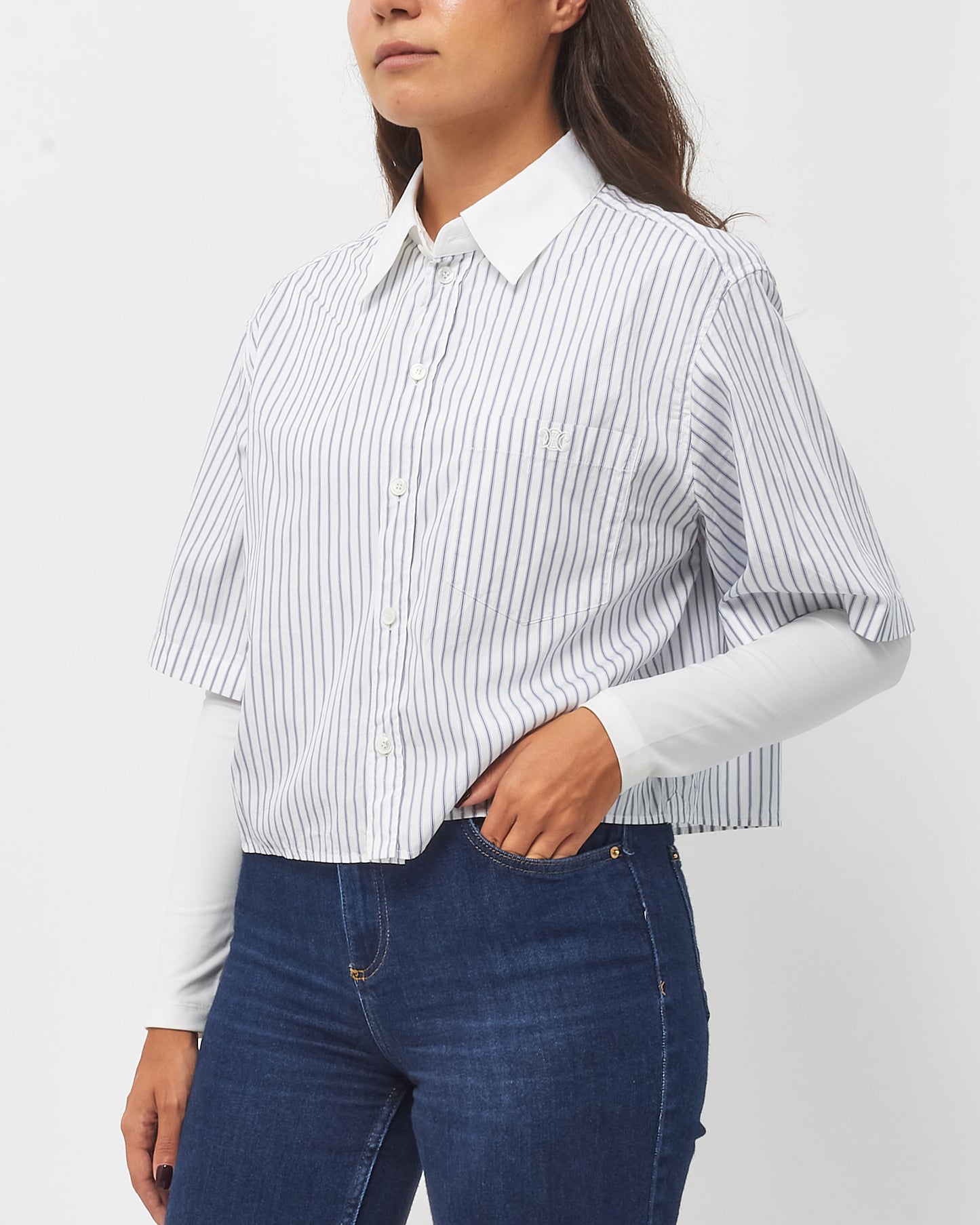 Celine Blue and White Striped Single-Breasted Short-Sleeved Cropped Shirt - 42/US 10