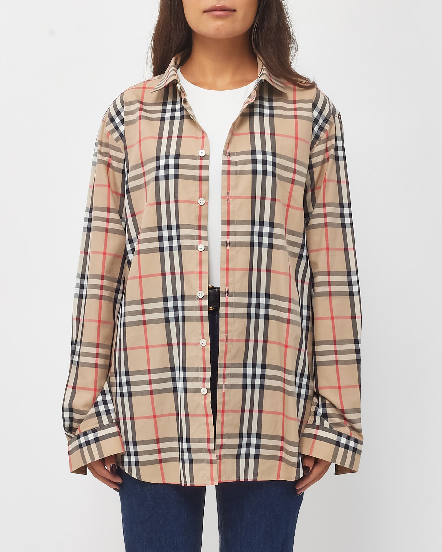 Burberry Men's Beige Classic Check Long Sleeve Button Down Shirt - L