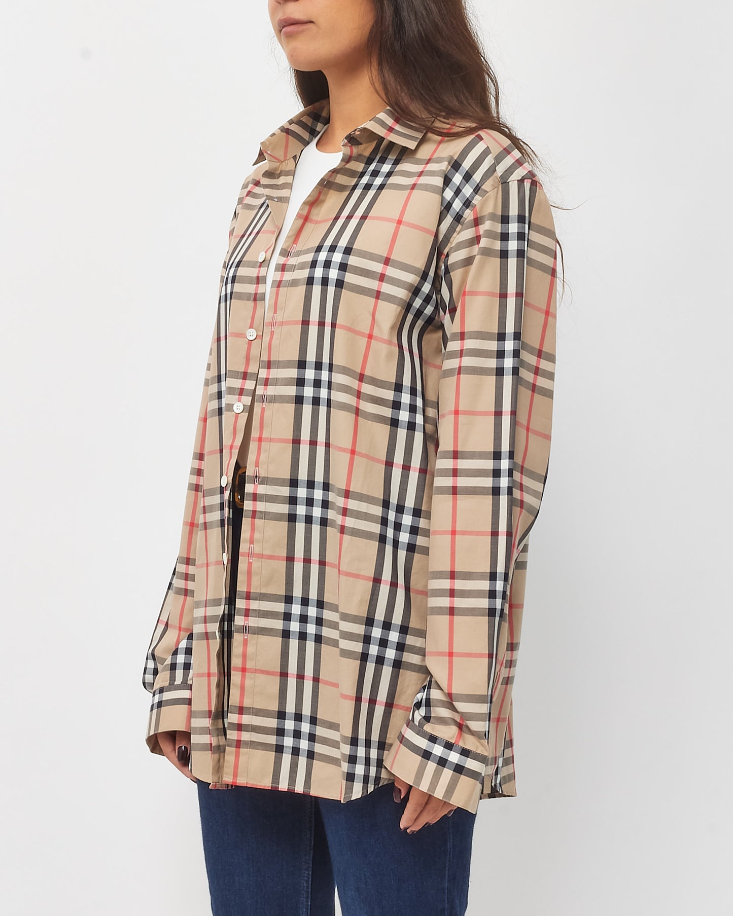 Burberry Men's Beige Classic Check Long Sleeve Button Down Shirt - L