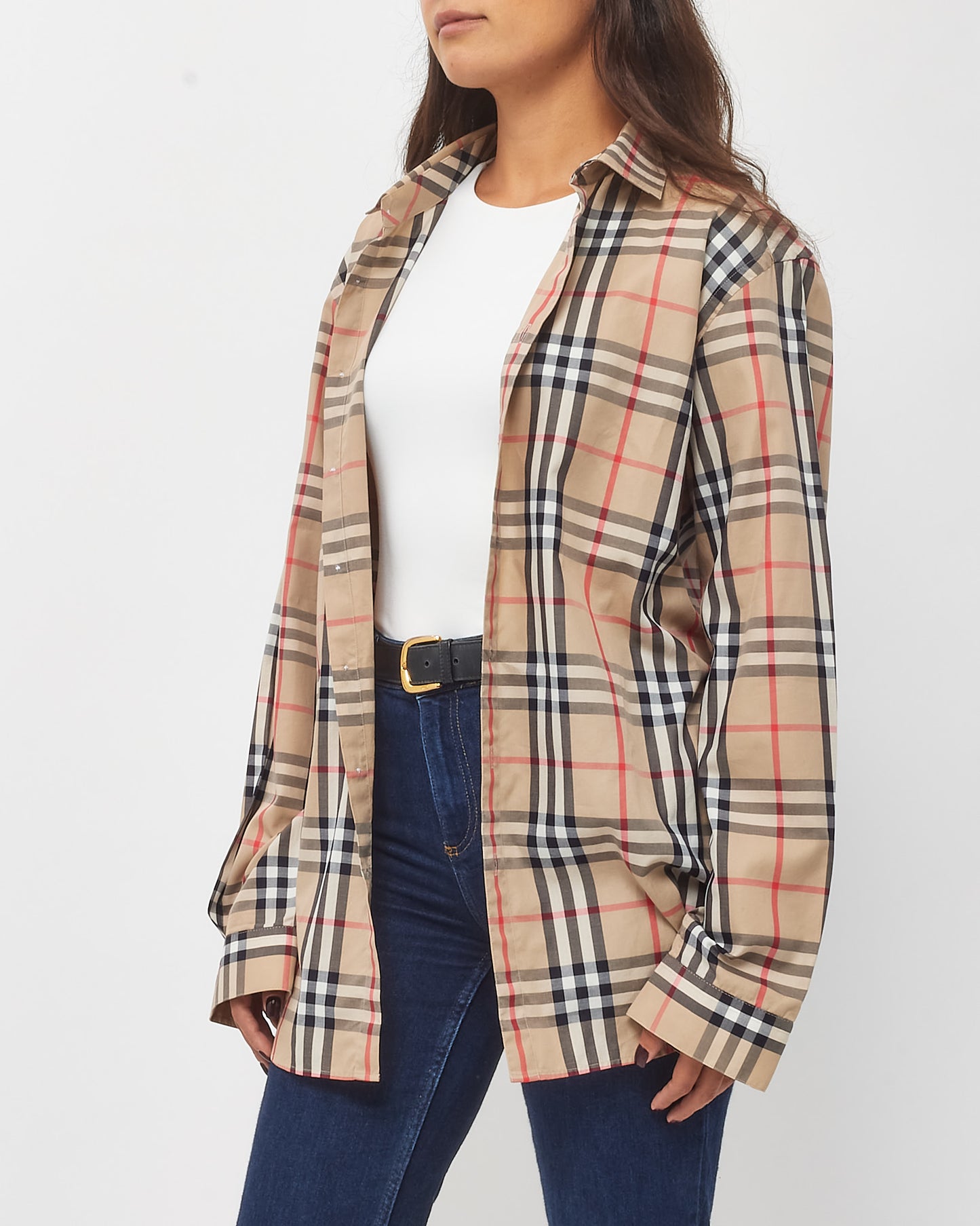 Burberry Men's Beige Classic Check Long Sleeve Button Down Shirt - L