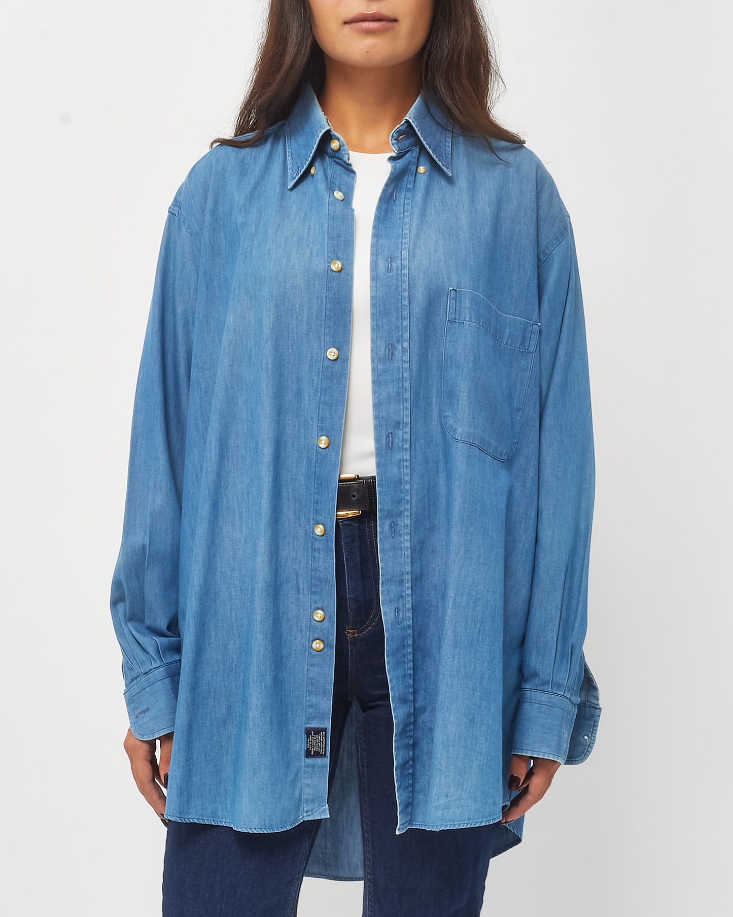 Burberry Men's Denim Blue Classic Check Collar Detail Long Sleeve Button Down Shirt - L