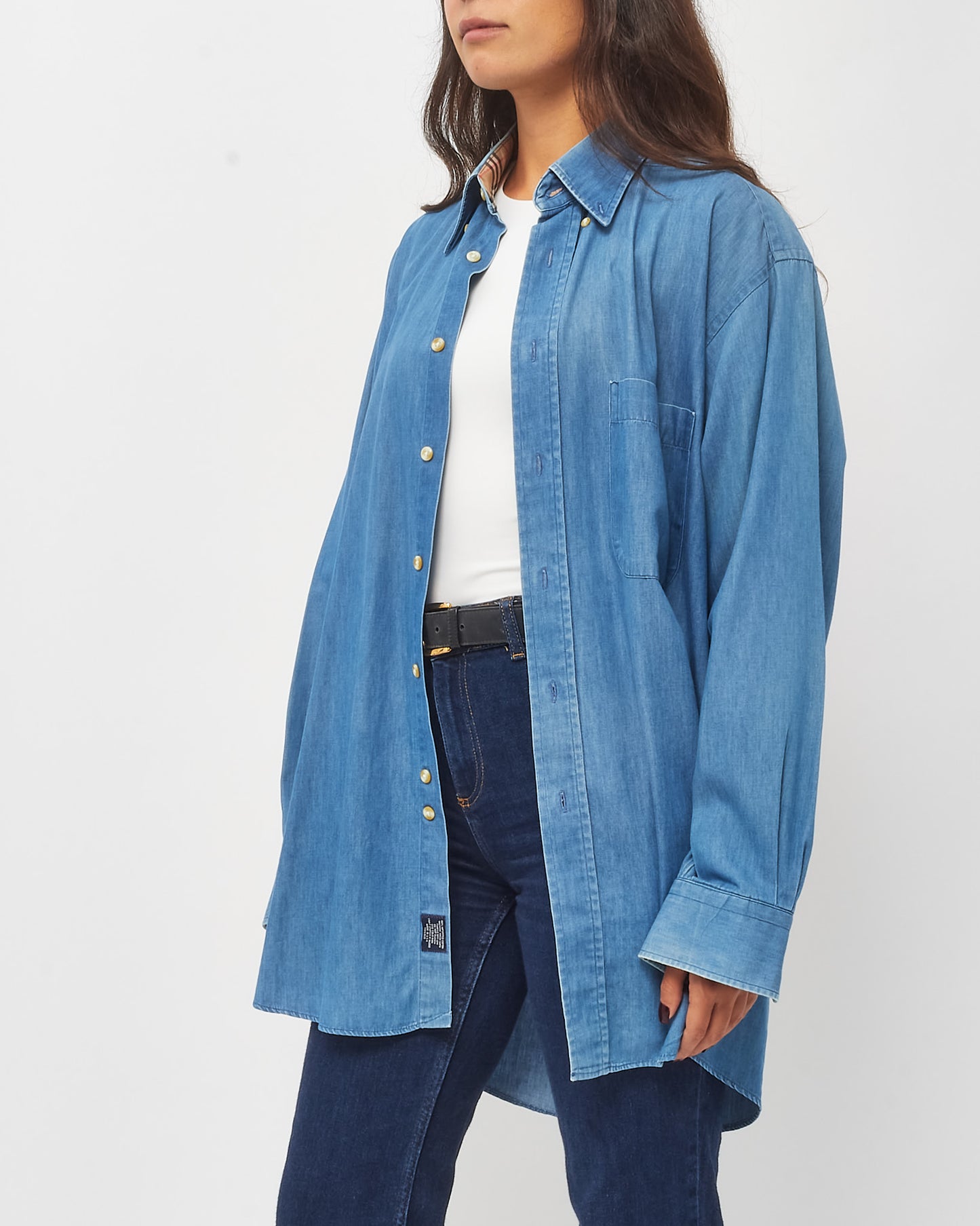 Burberry Men's Denim Blue Classic Check Collar Detail Long Sleeve Button Down Shirt - L